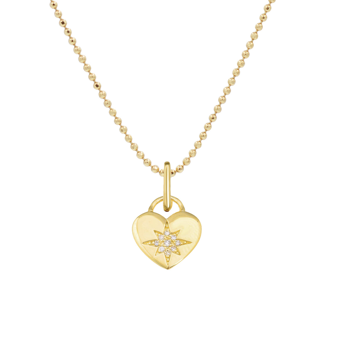 Heart Star necklace with diamonds on diamond cut ball chain