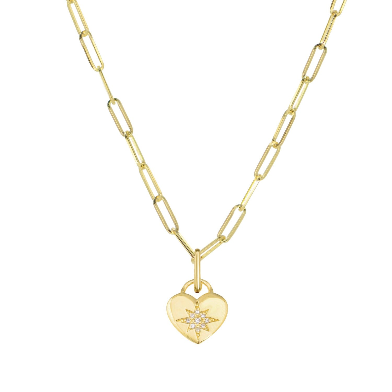 Heart Star necklace with diamonds on paperclip link chain