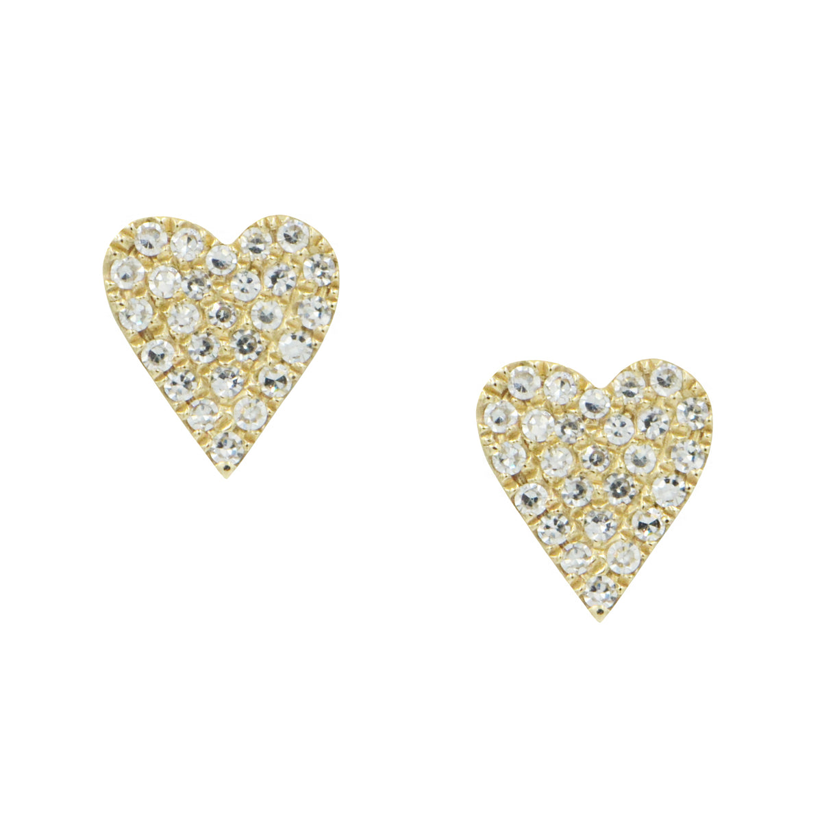 A pair of heart-shaped diamond stud earrings set in 14k gold, sparkling with multiple embedded diamonds.