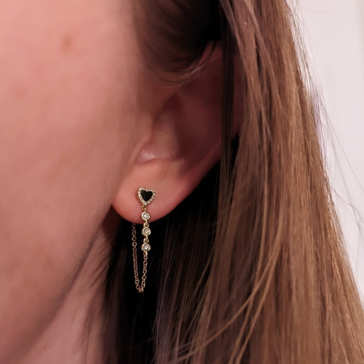 black onyx heart earrings with chain and diamonds