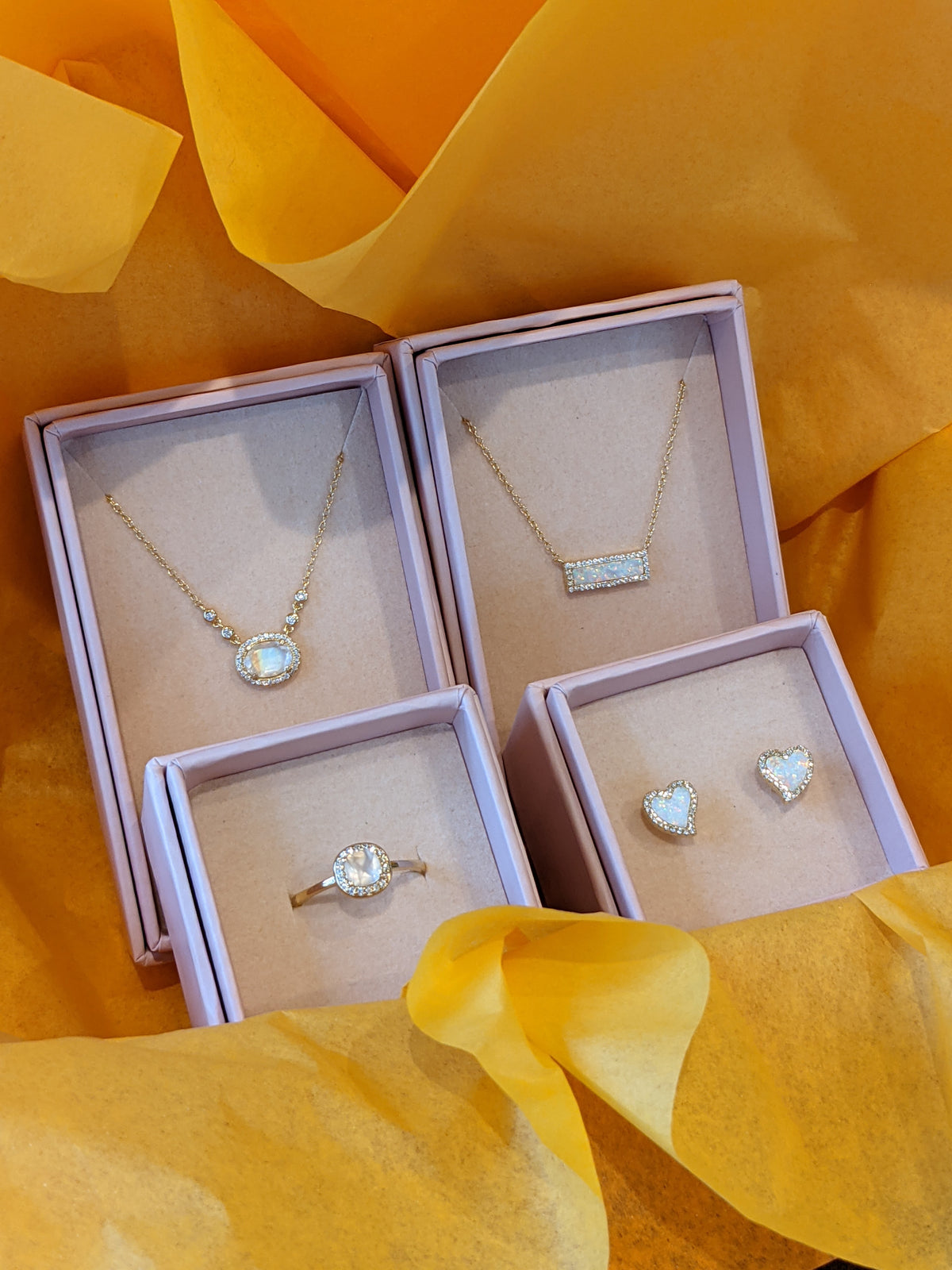 aura necklace reflection opal moonstone ring amore heart stud earrings packaging