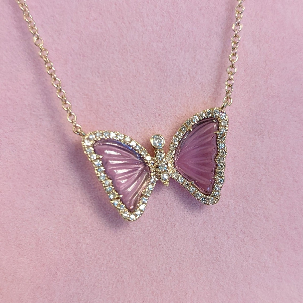 mini amethyst butterfly necklace with diamonds