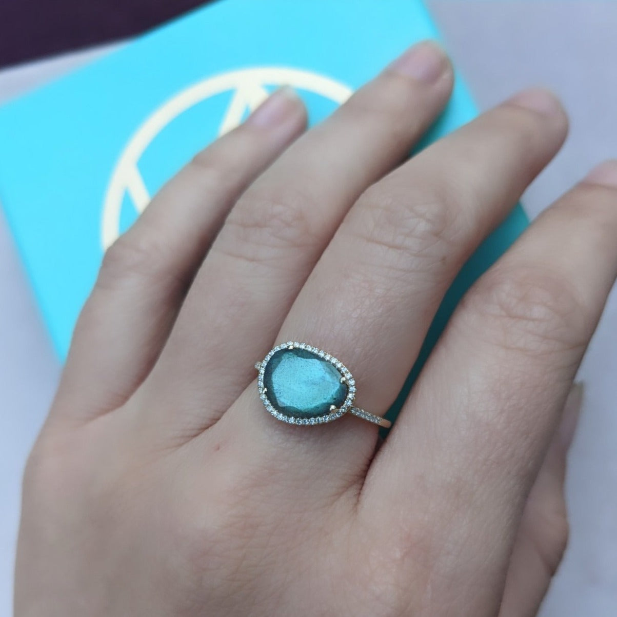 Labradorite Pebble Ring with Diamonds