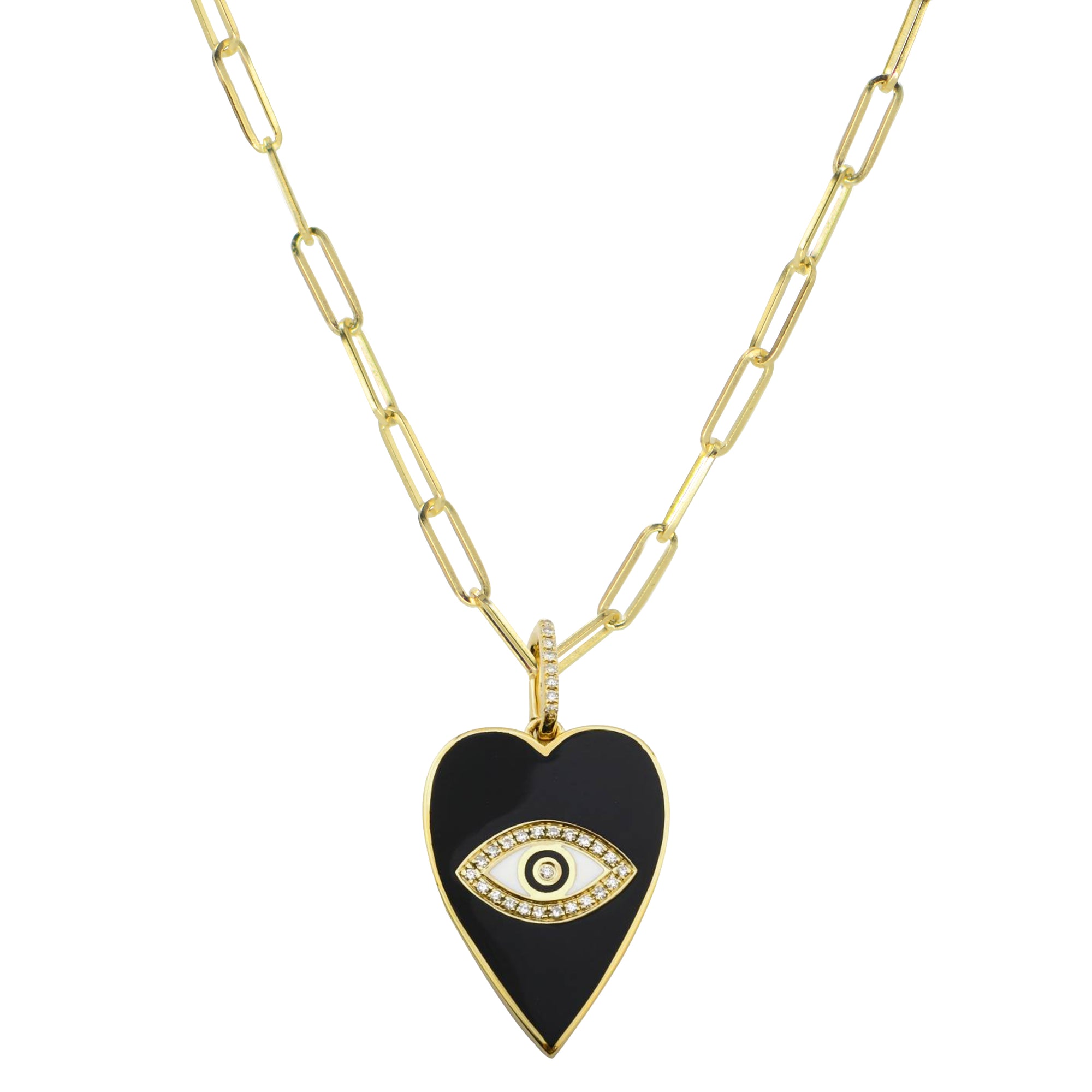large black enamel evil eye heart necklace on paperclip chain