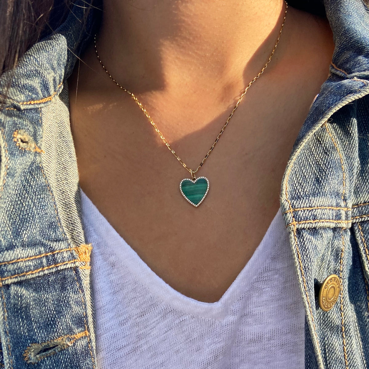 large malachite heart necklace with diamonds on mini paperclip chain