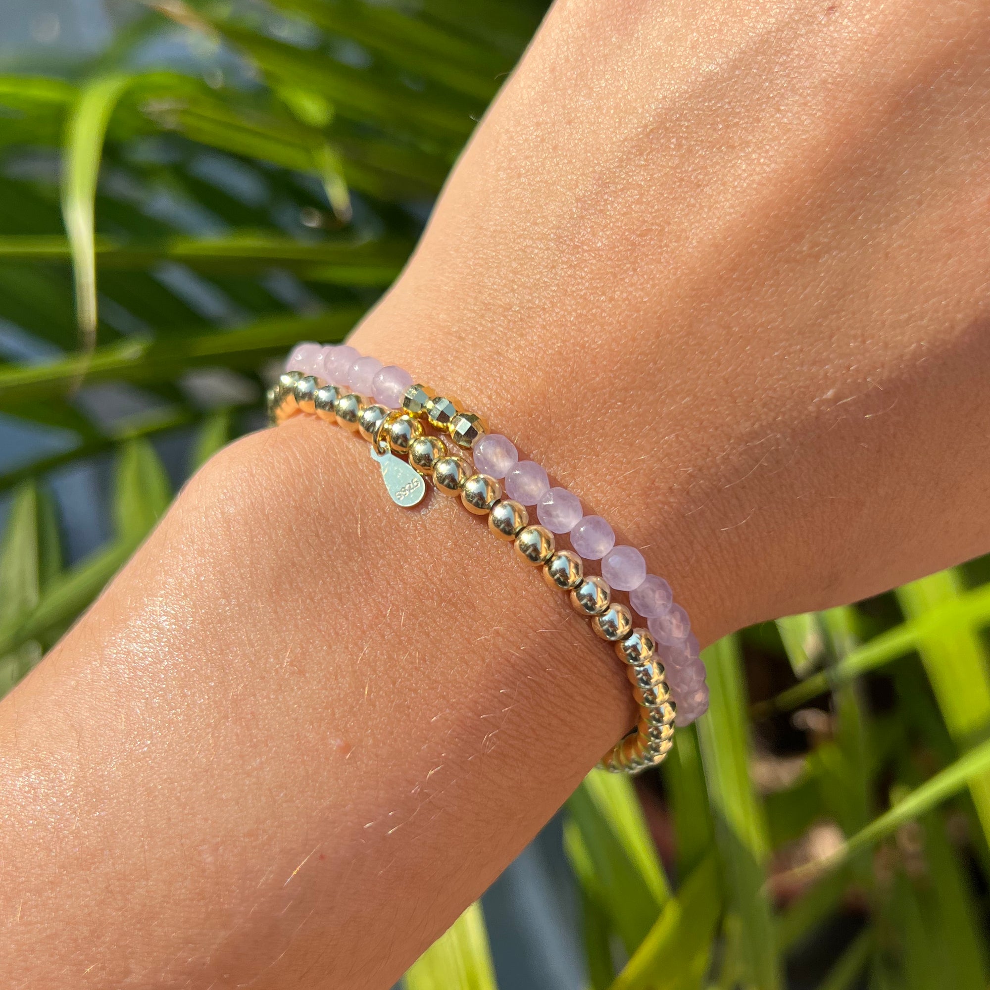 lavender jade and gold plated beads stacking bracelets 4mm