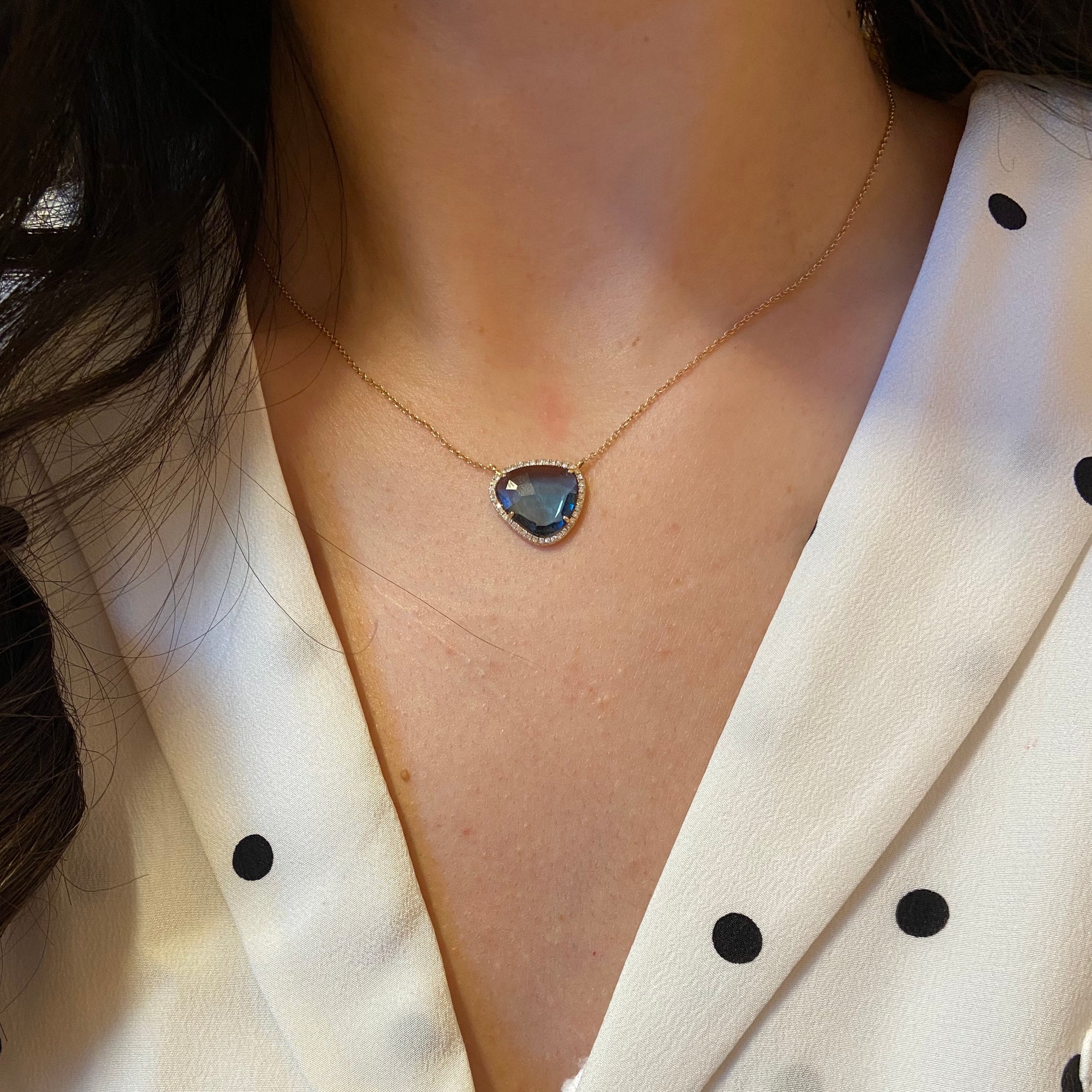 London Blue Topaz Organic Shape Necklace With Diamonds Pendant