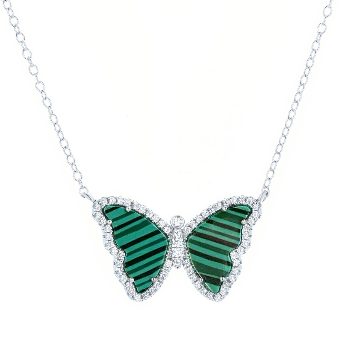 malachite butterfly necklace with crystals in silver