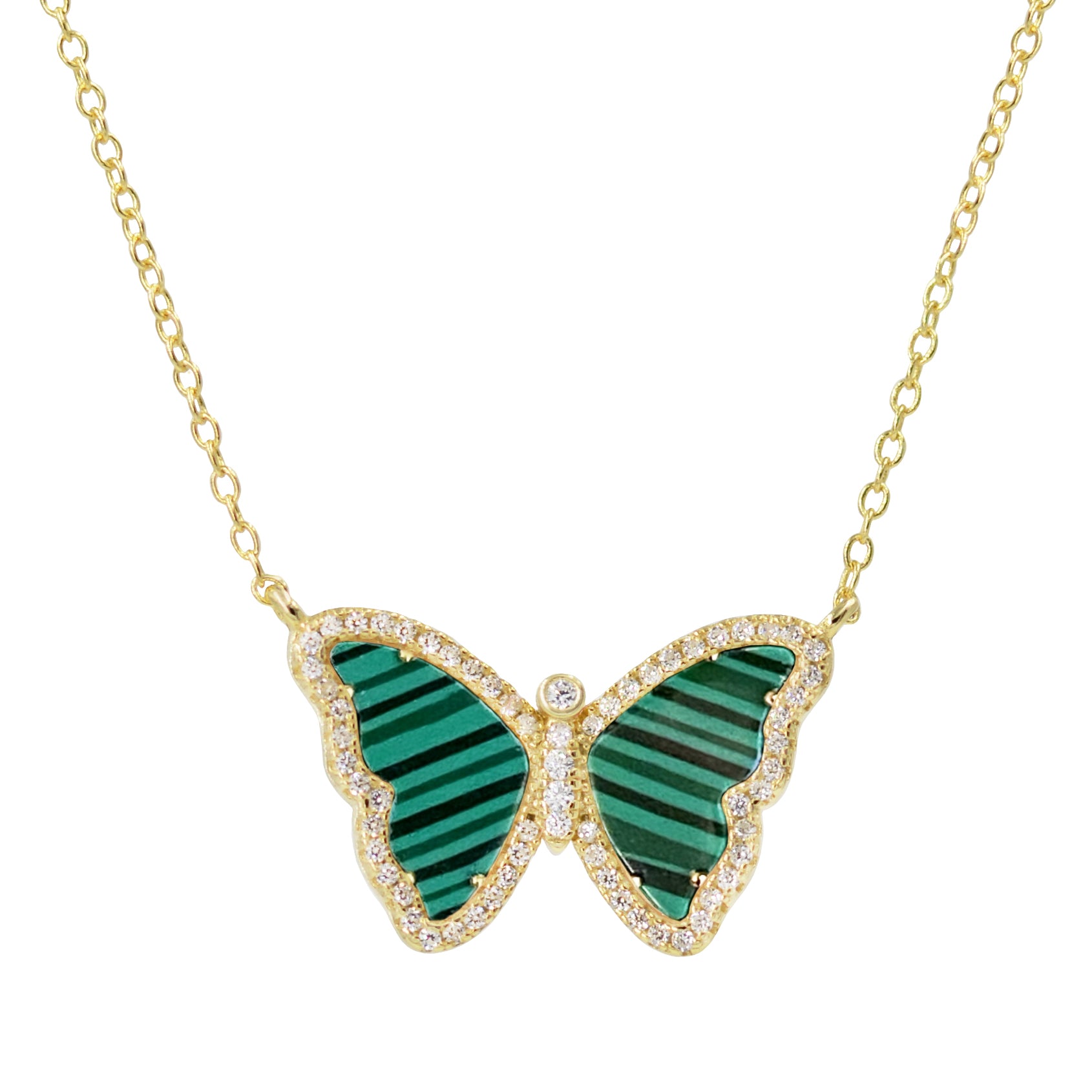 malachite butterfly necklace with crystals in yellow gold