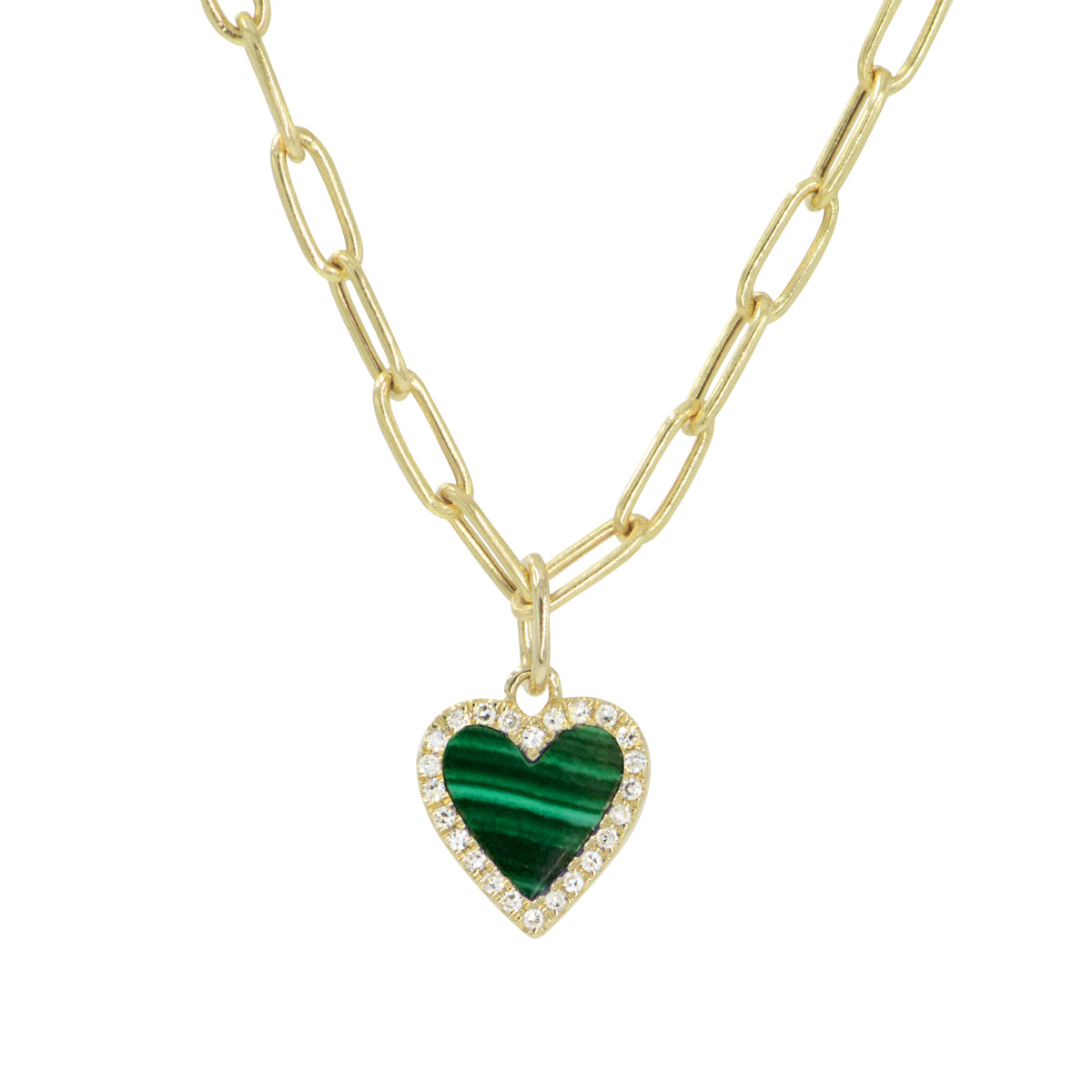 malachite heart necklace with diamonds mini on paperclip chain