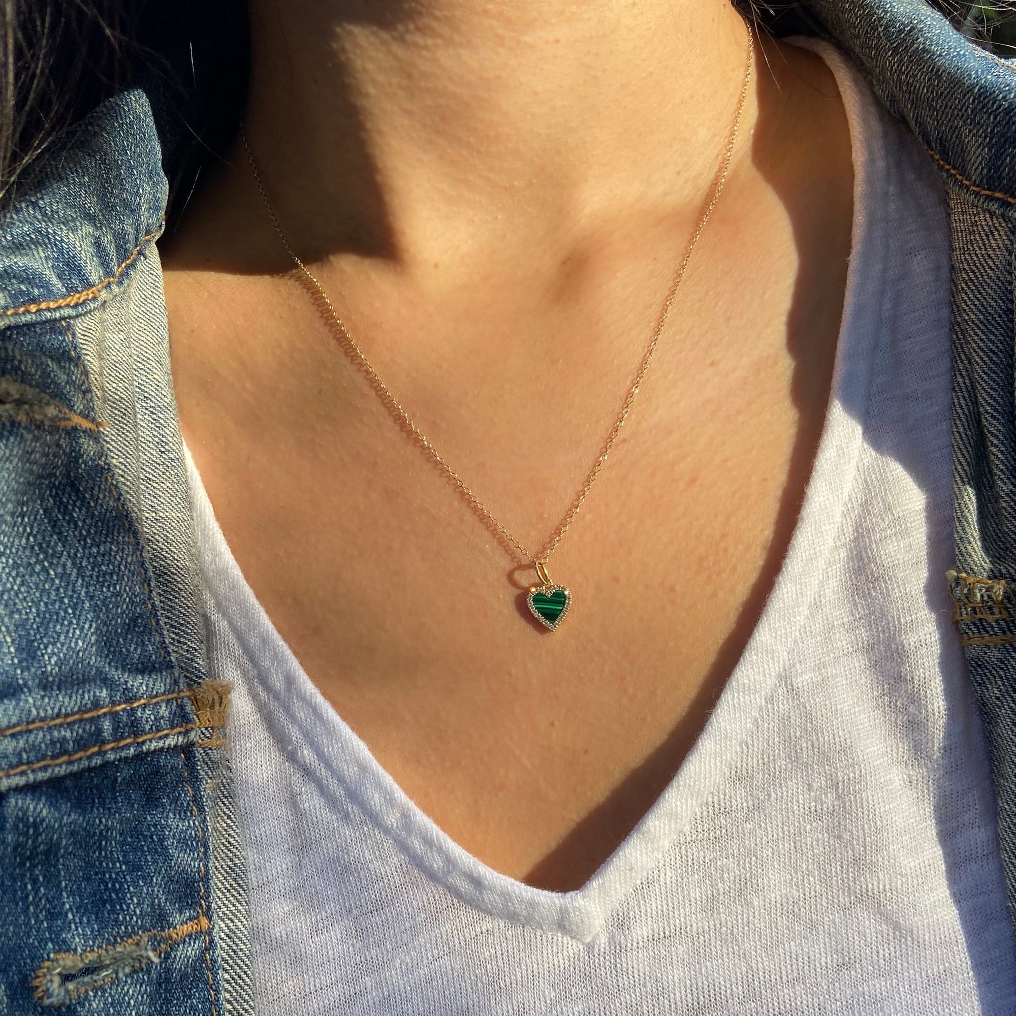malachite heart necklace with diamonds mini on simple chain