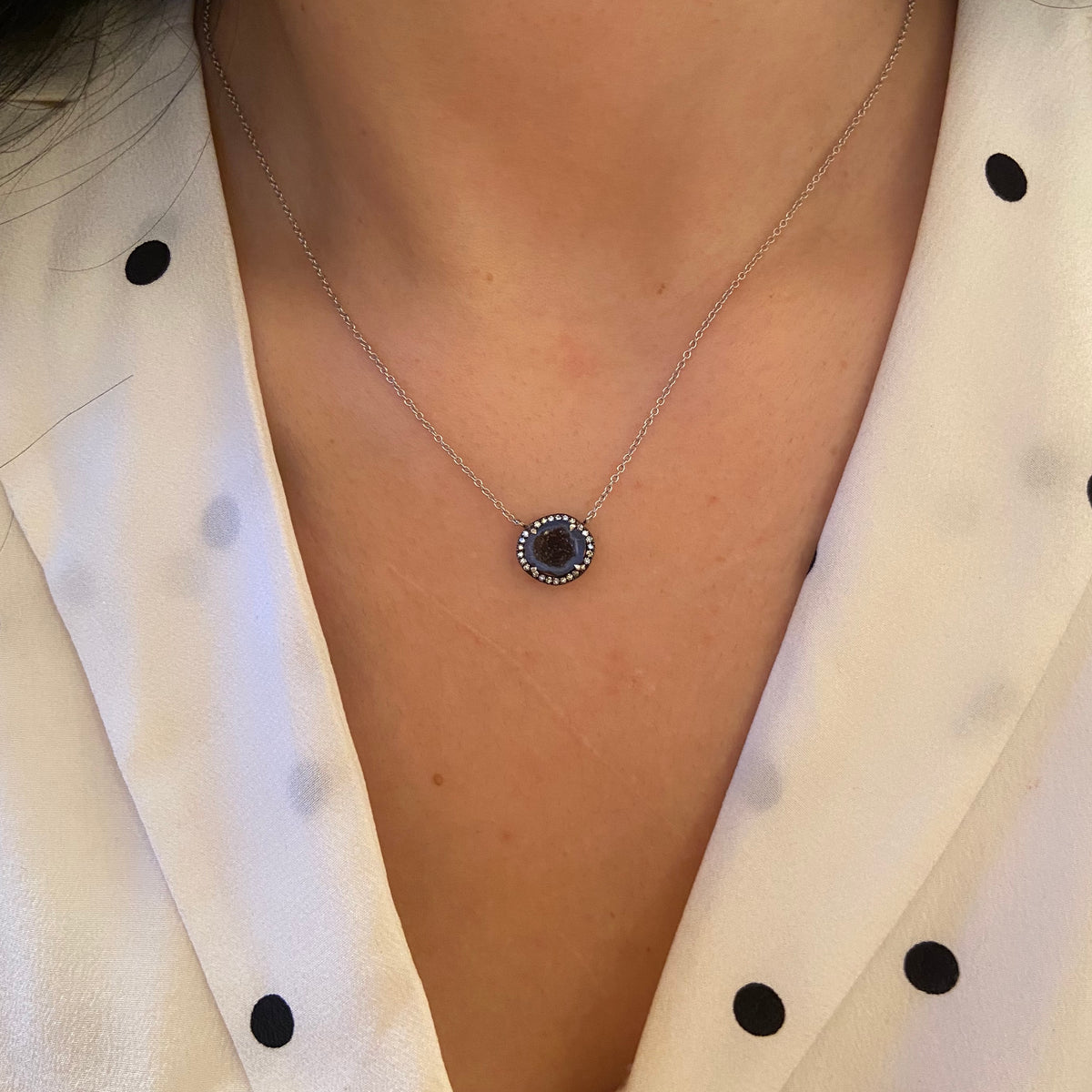 Mini Baby Geode Necklace With Diamonds in 14k White Gold on Model