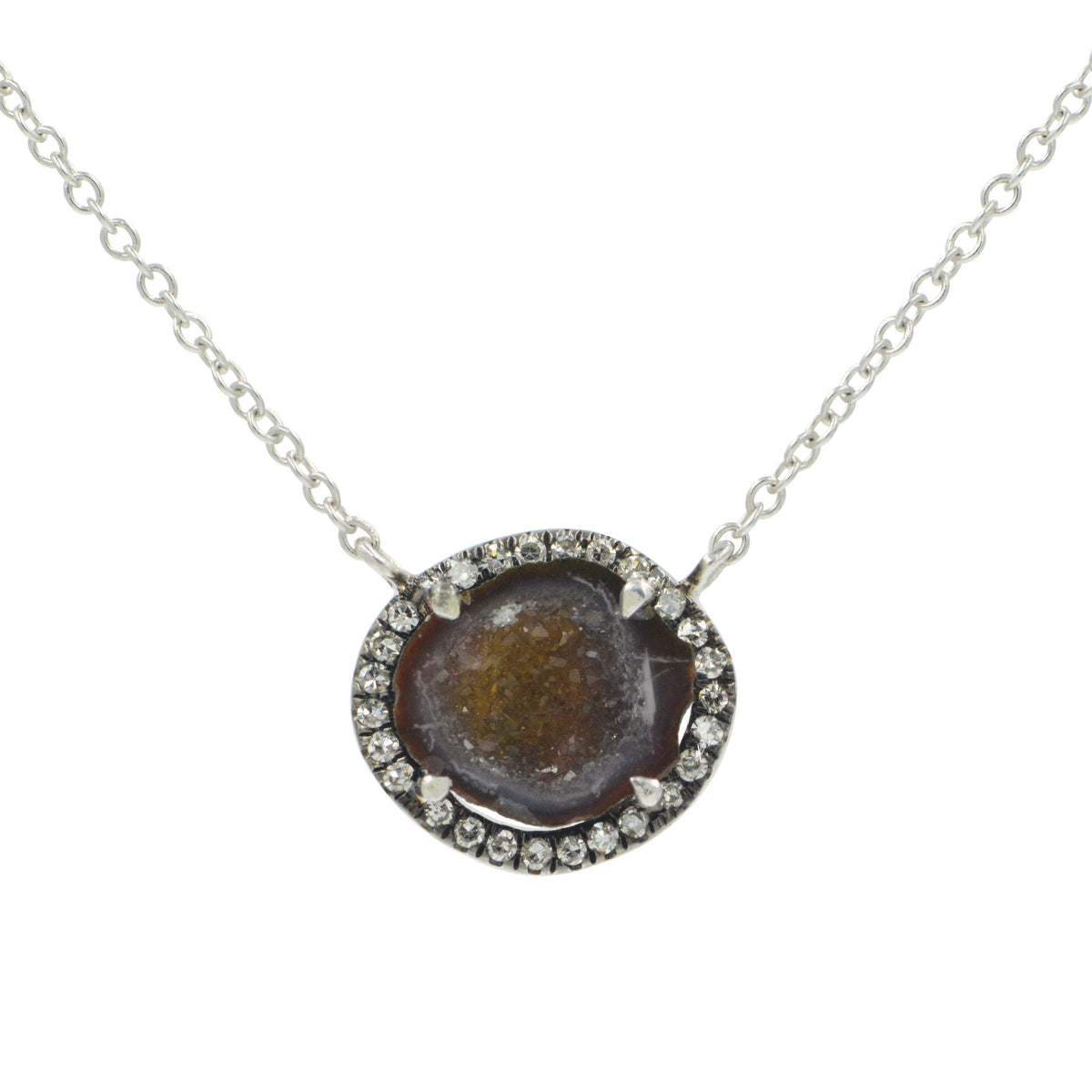 Mini Baby Geode Necklace With Diamonds in 14k White Gold