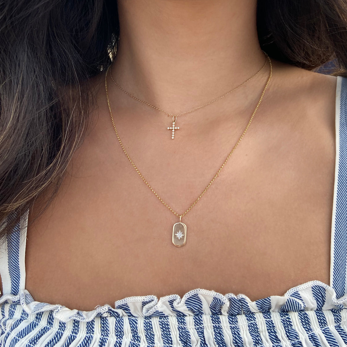 mini star dogtag with diamonds and bezelled cross necklace