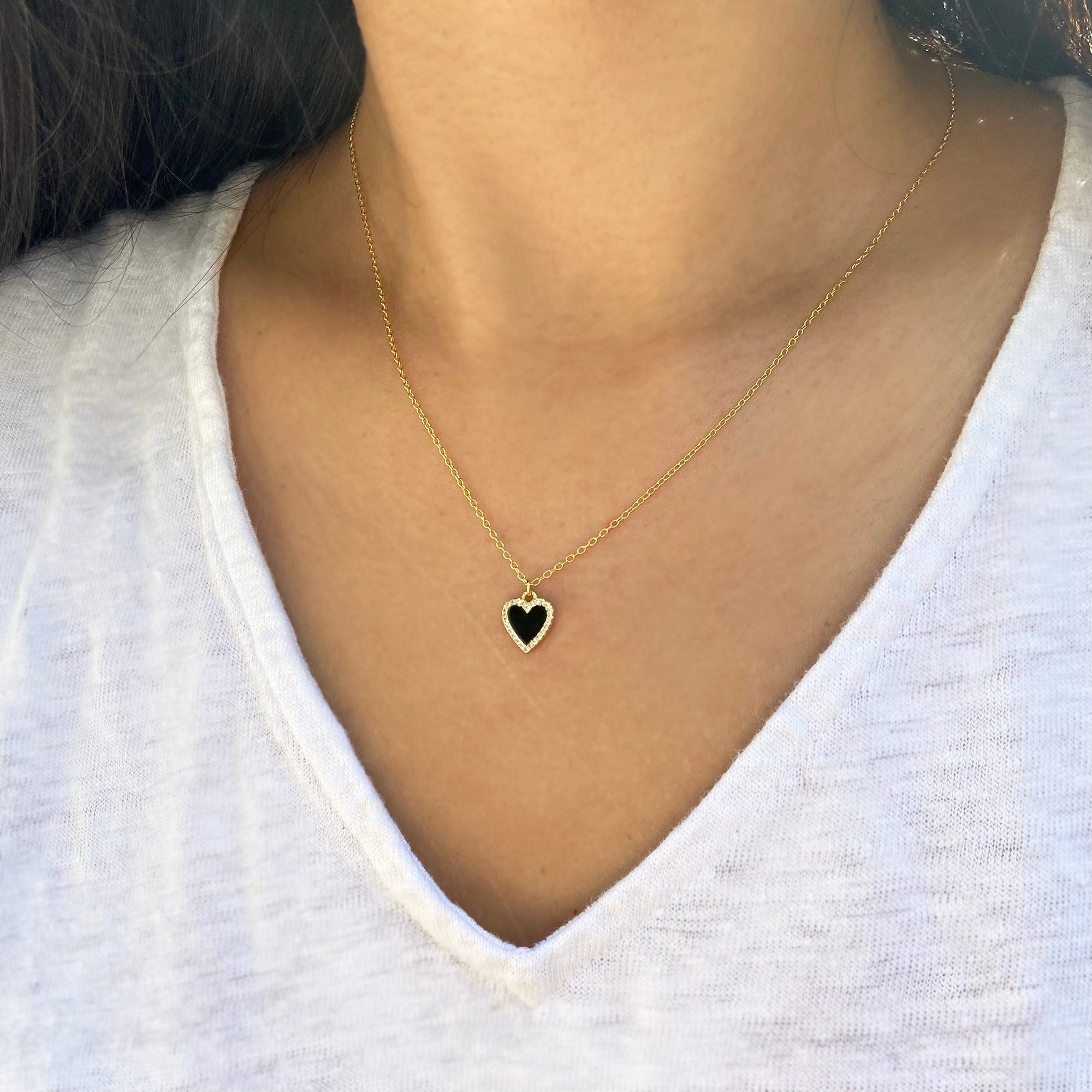 14K Gold Diamond Halo Onyx Skinny Heart Necklace