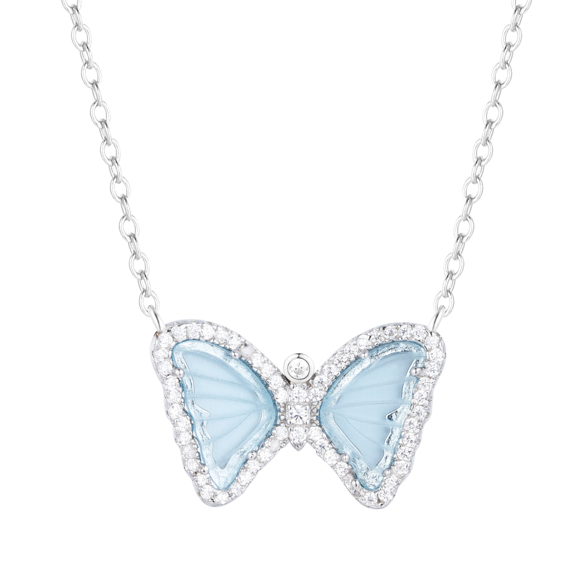 mini butterfly necklace in light teal silver