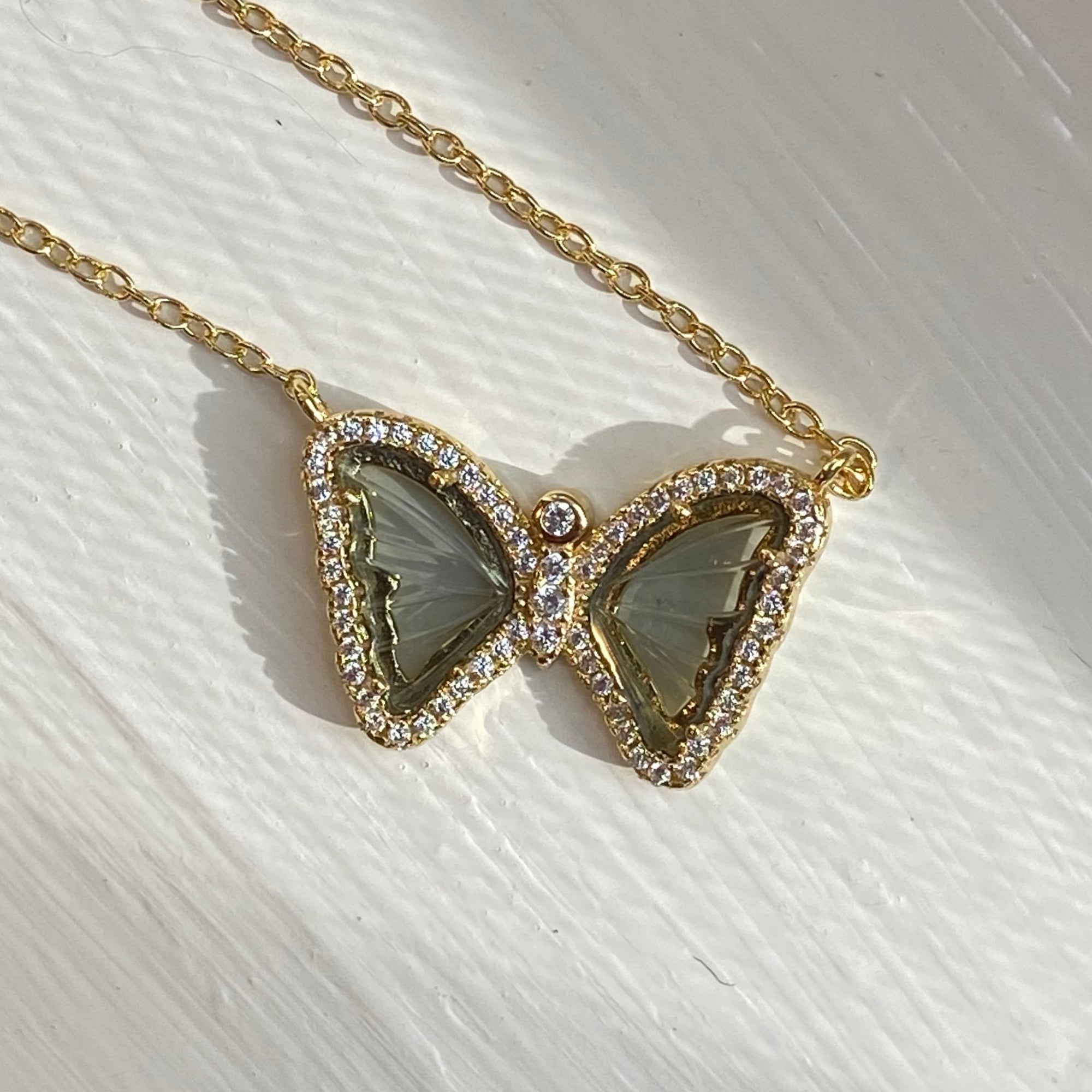 Mini Gemstone Butterfly Necklace in Smoky Quartz
