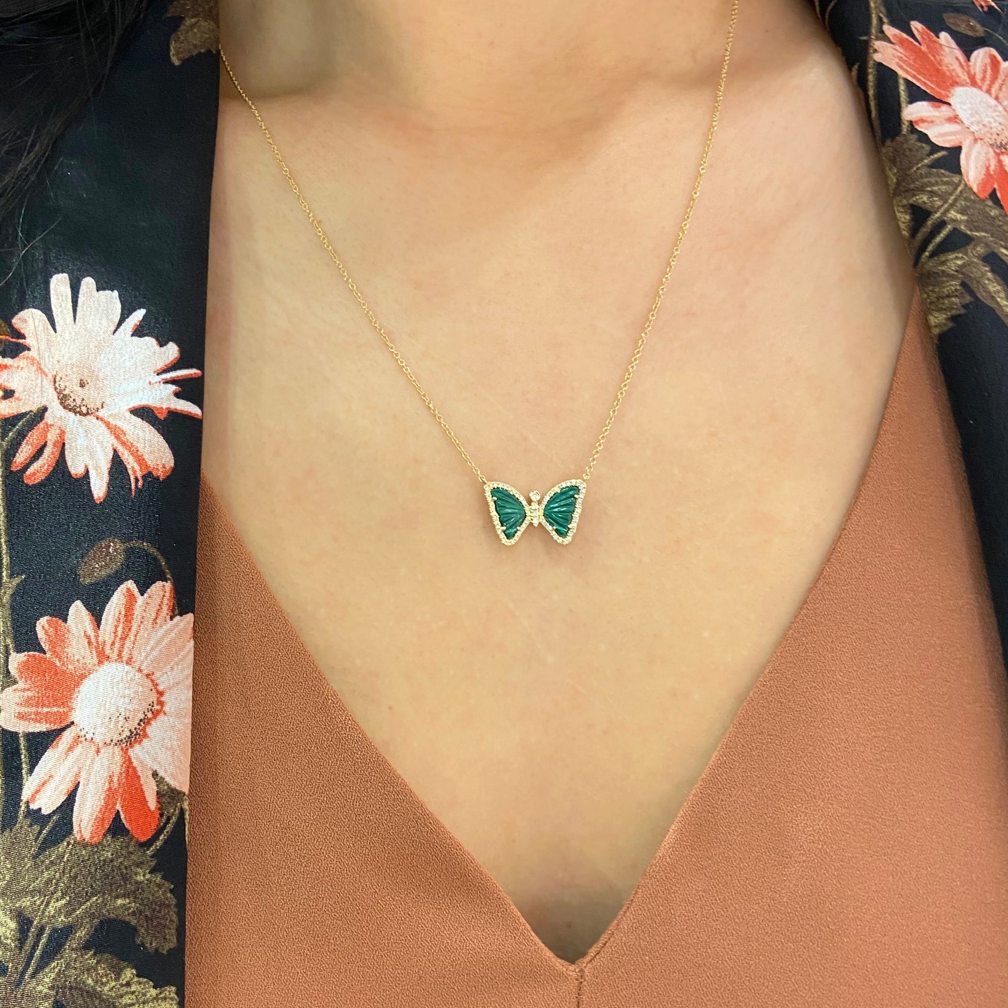 mini chrysocolla butterfly necklace with diamonds