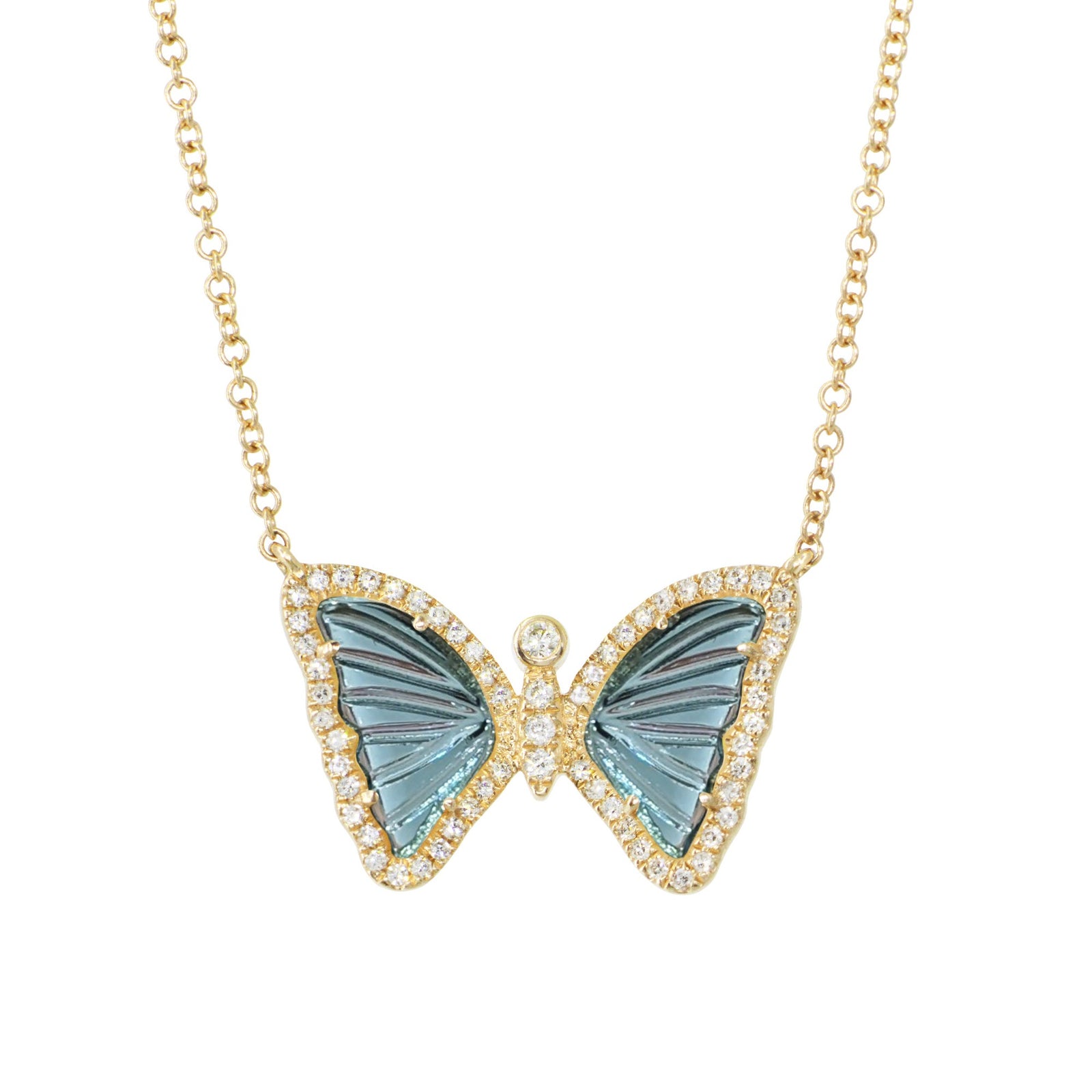 mini butterfly necklace with diamonds in london blue topaz