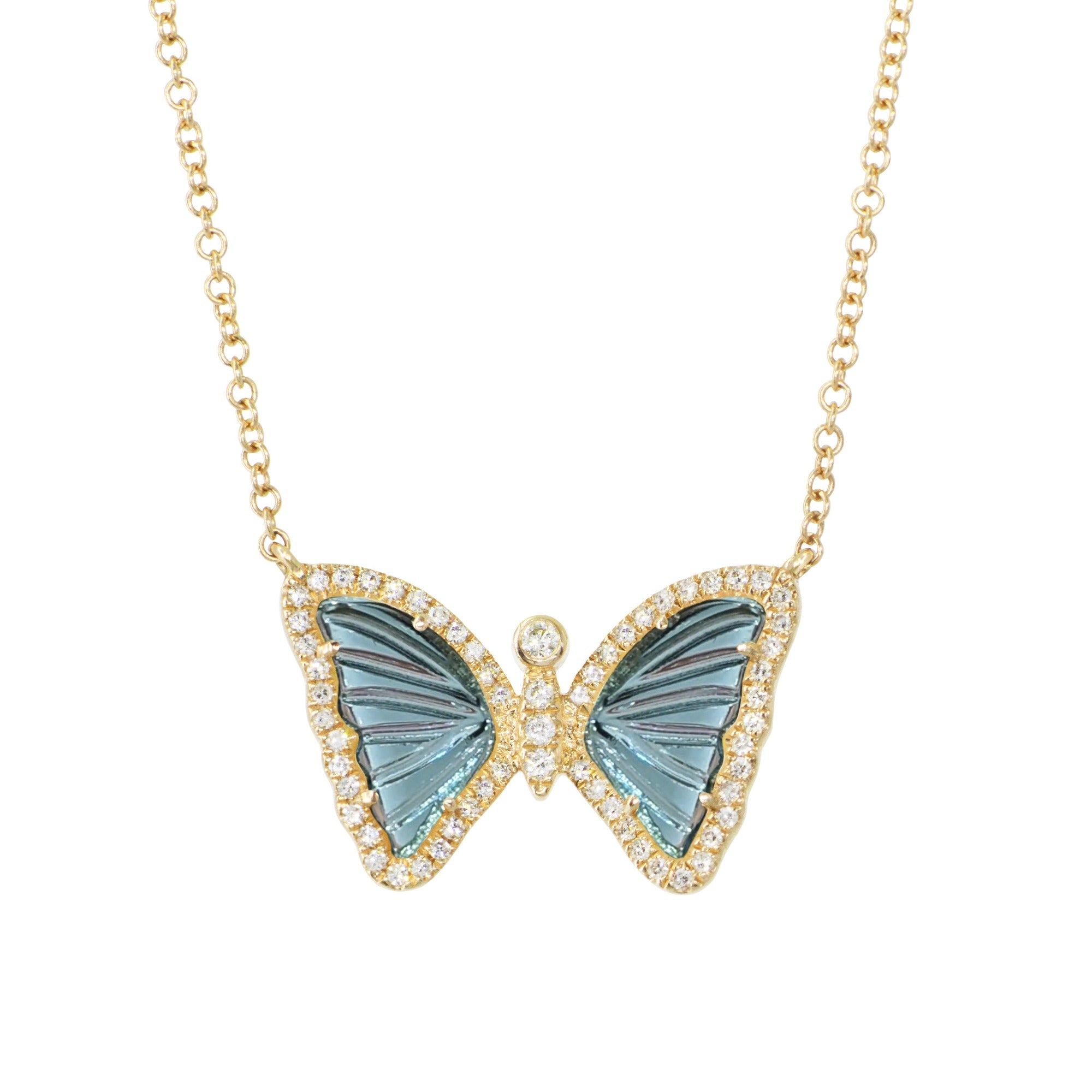 Cushion-Cut London Blue Topaz & Diamond Accent Butterfly Necklace 10K  Yellow Gold 18