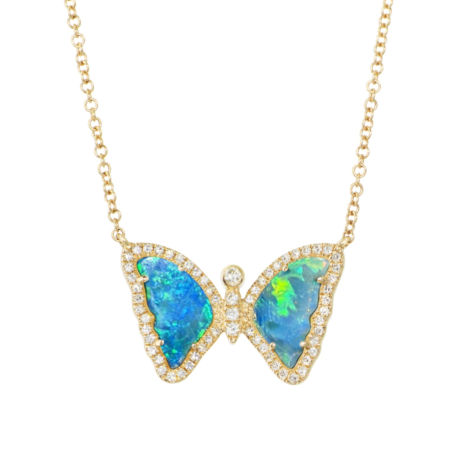 mini opal butterfly necklace with diamonds in 14k gold