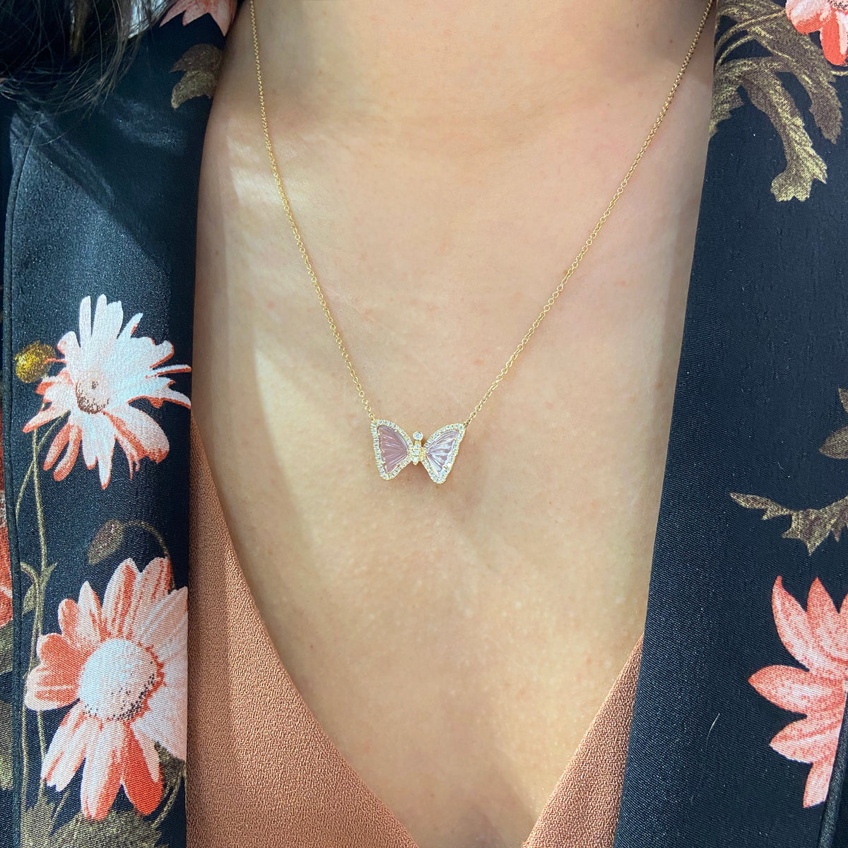 mini butterfly necklace with diamonds pink amethyst lifestlye