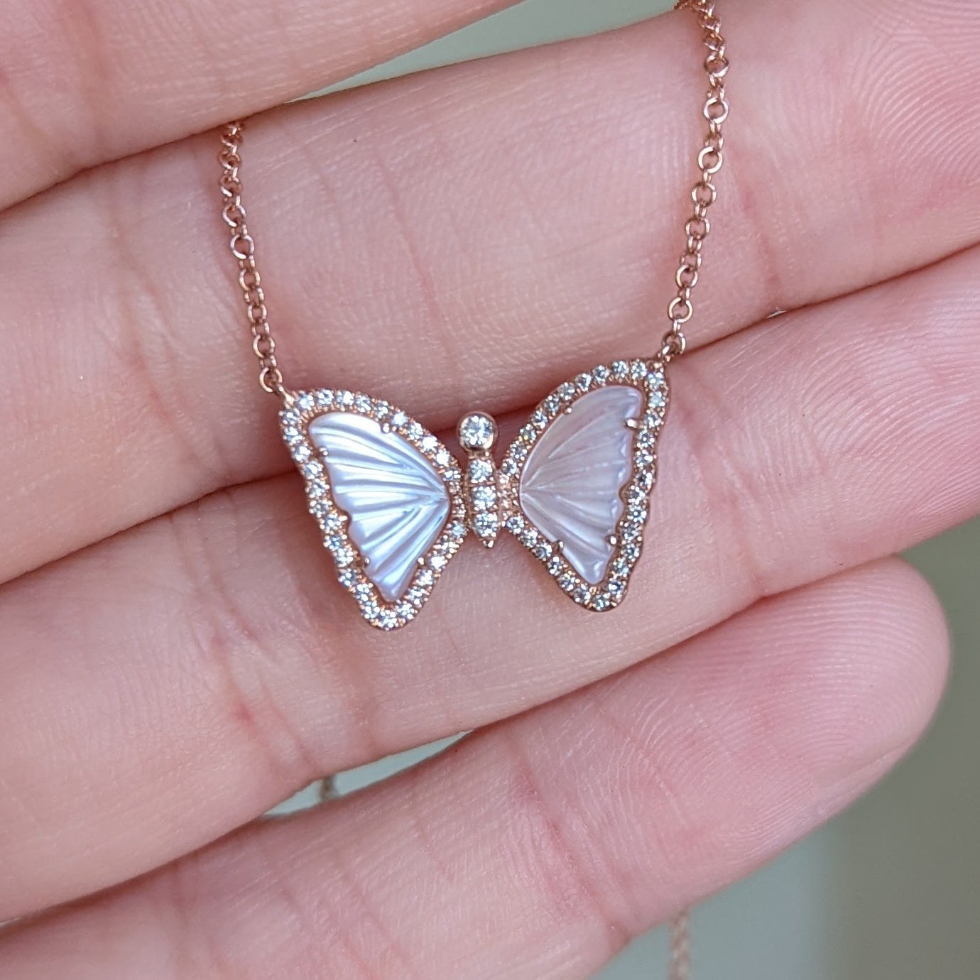 Mini Pink Pearl Butterfly Necklace with Diamonds