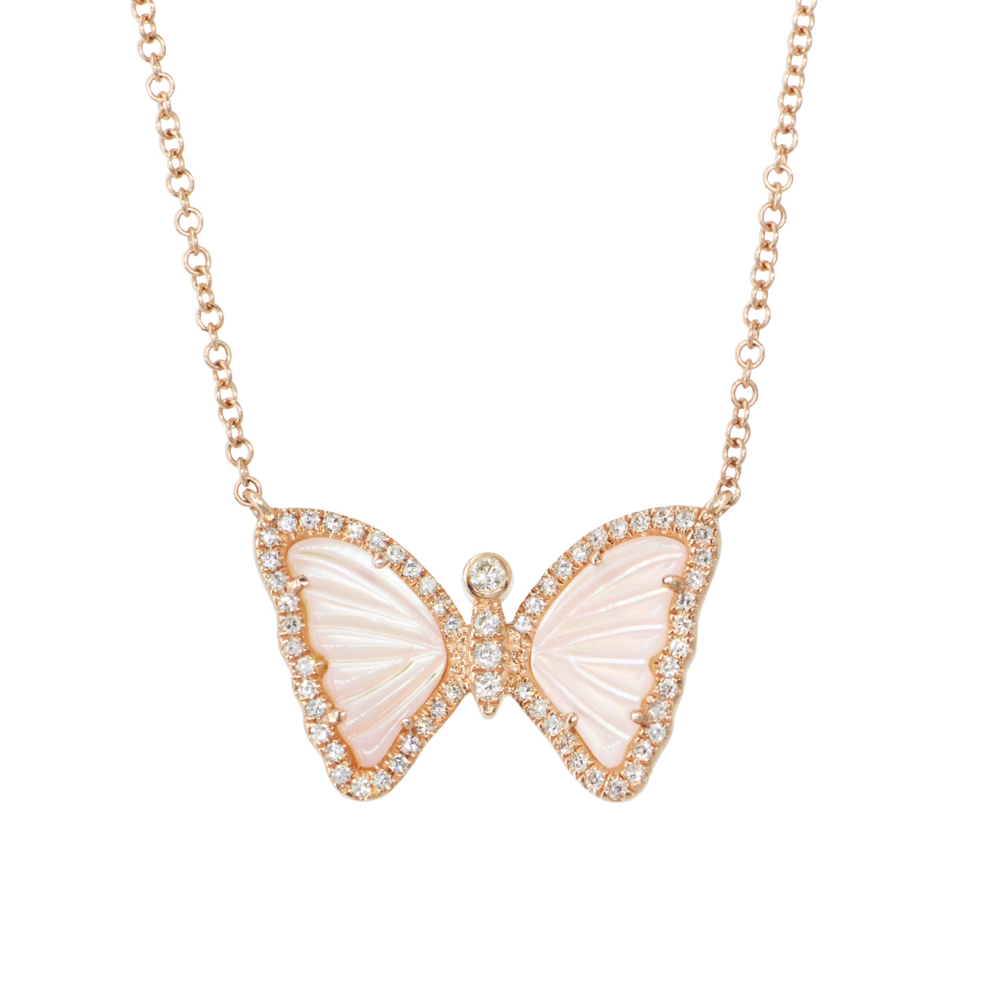 Mini Pink Pearl Butterfly Necklace with Diamonds