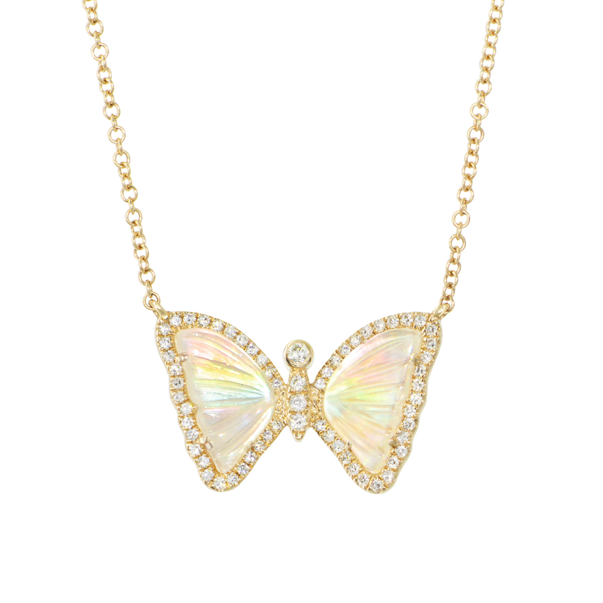 mini butterfly necklace with diamonds in rainbow pearl