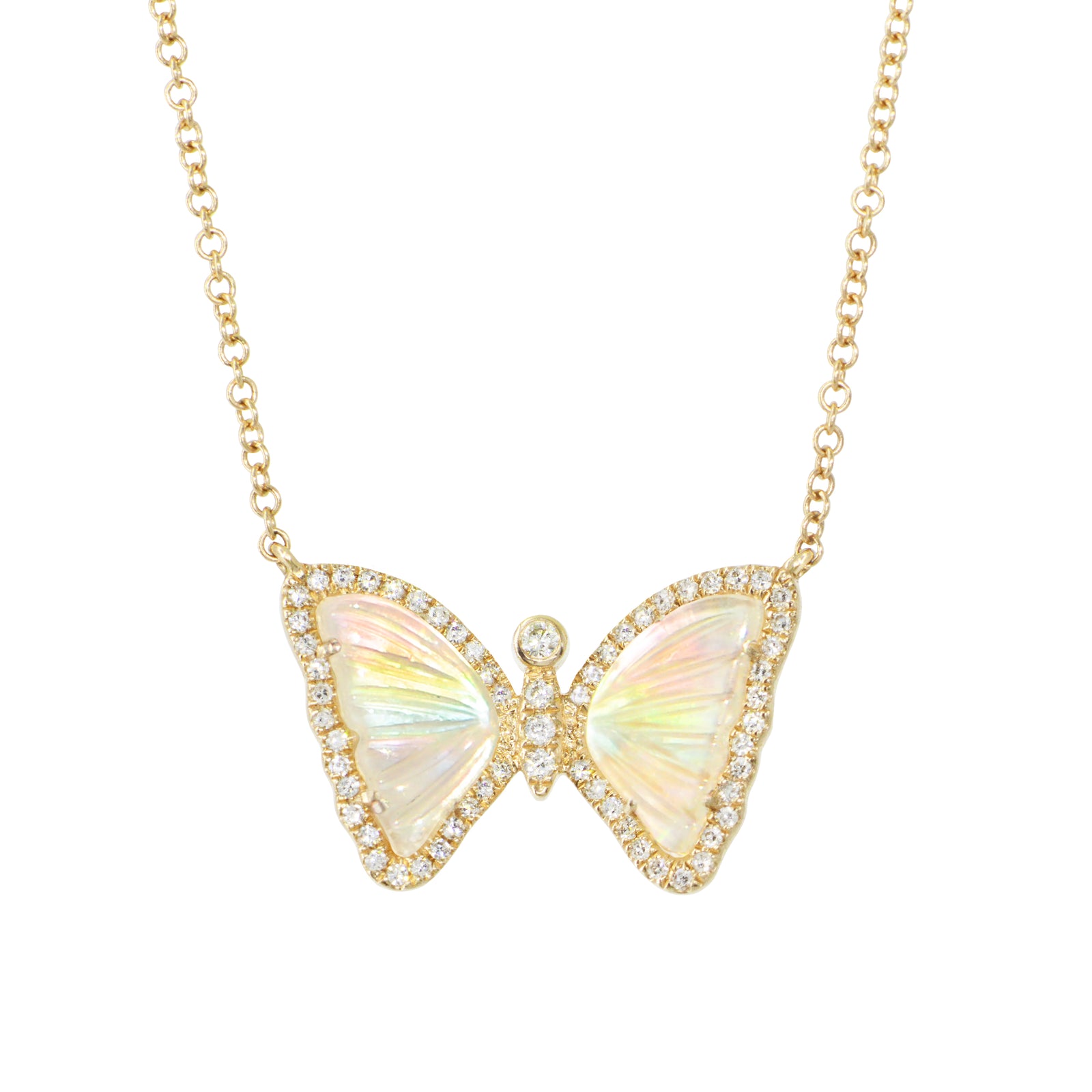 mini butterfly necklace with diamonds in rainbow pearl