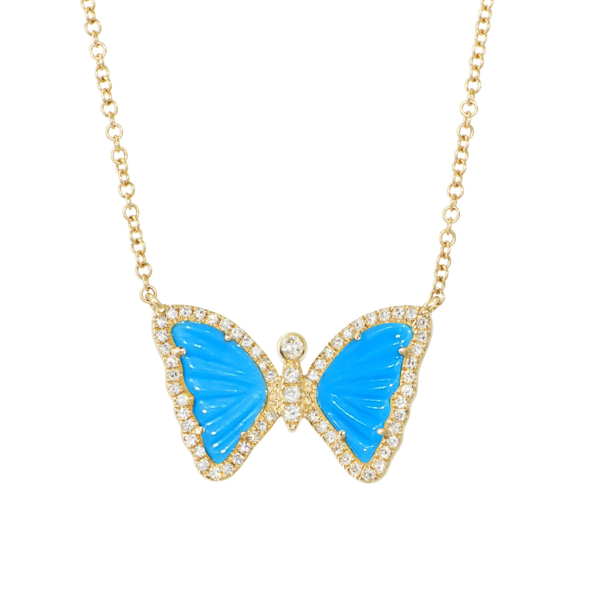 mini butterfly necklace with diamonds in turquoise 14k