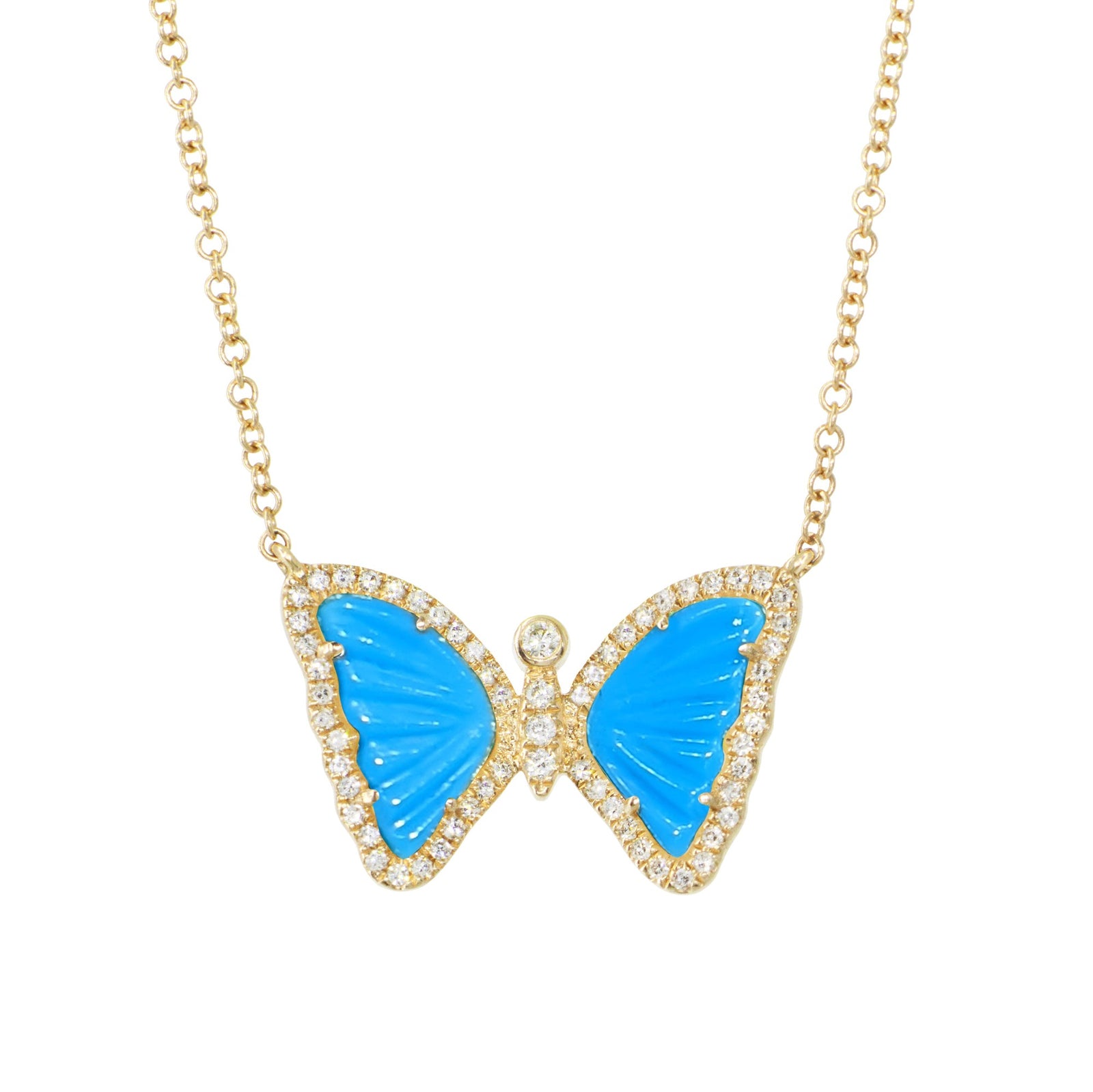 mini butterfly necklace with diamonds in turquoise 14k