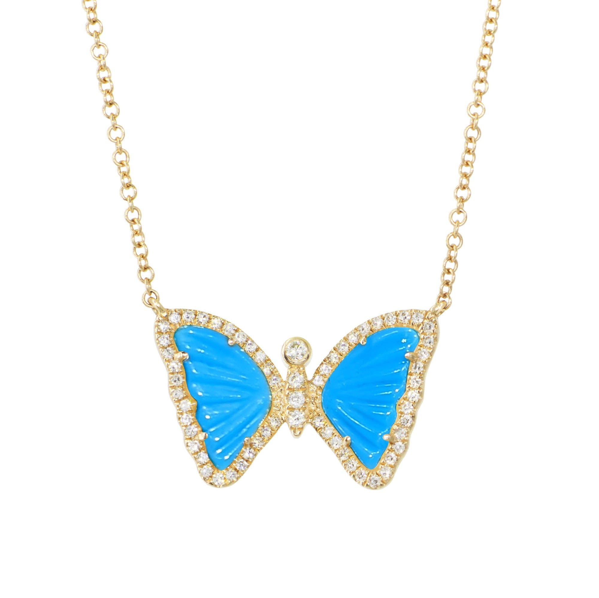 mini butterfly necklace with diamonds in turquoise 14k