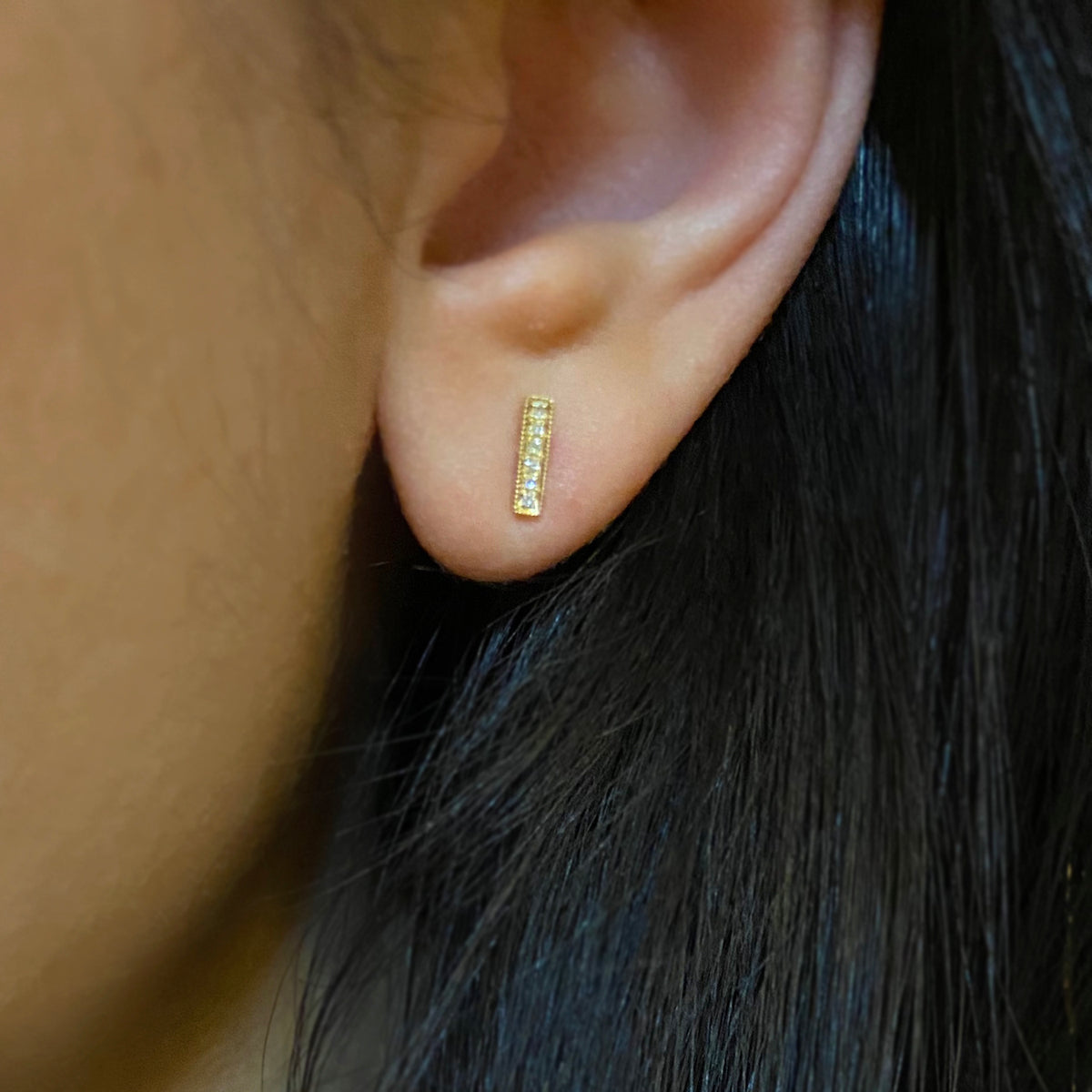 Mini Diamond Bar Stud Earrings in 14k Yellow Gold Lifestyle