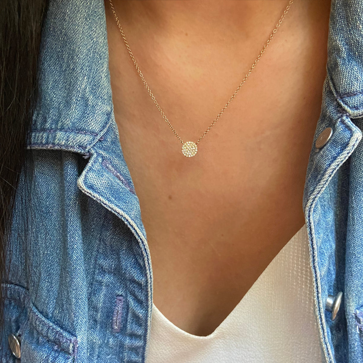 Mini Diamond Pave Disk Necklace in 14k Yellow Gold Lifestyle