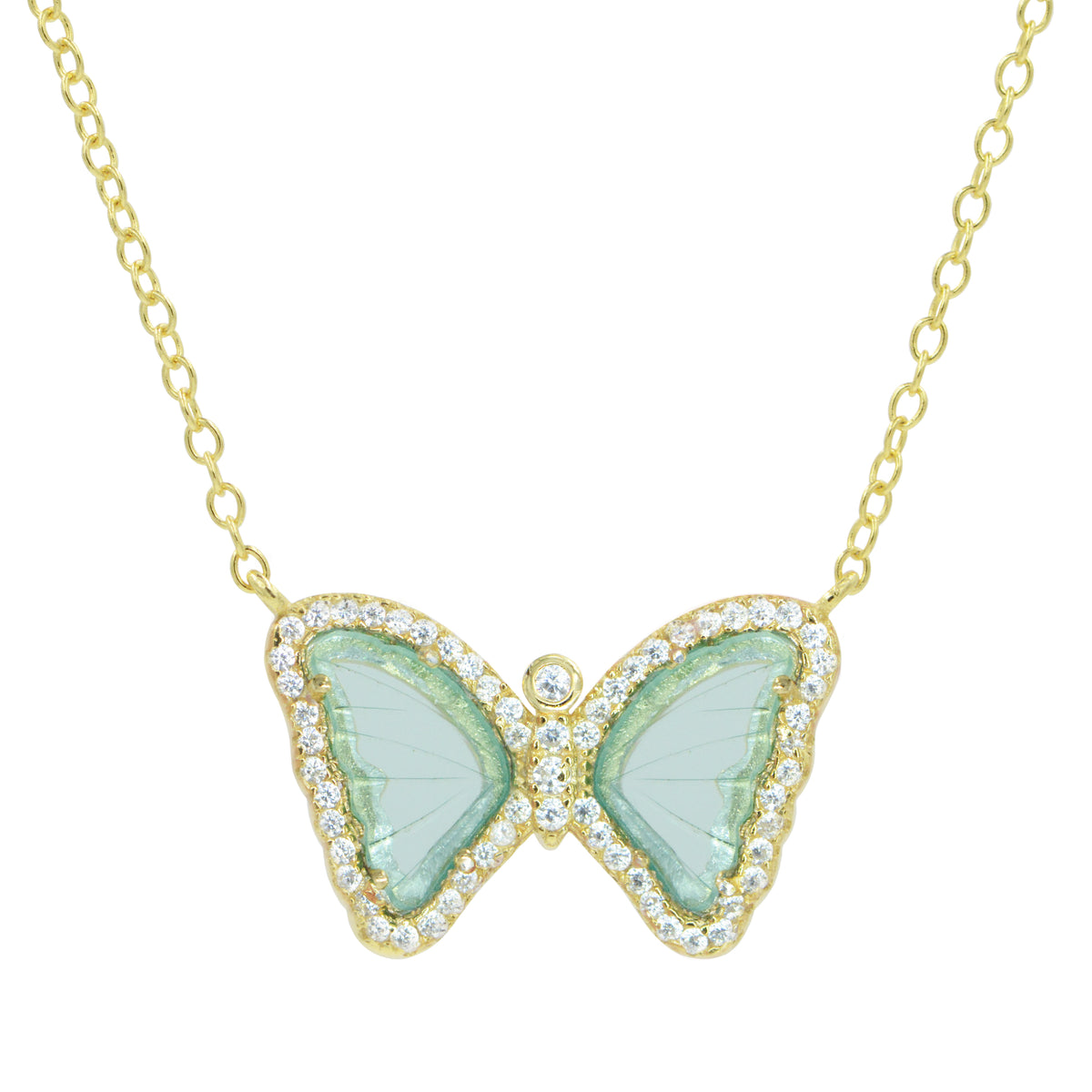 Mini gemstone butterfly necklace in aqua green and yellow gold