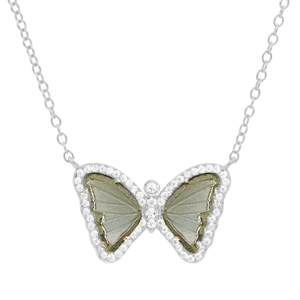 mini gemstone butterfly necklace in smoky quartz silver