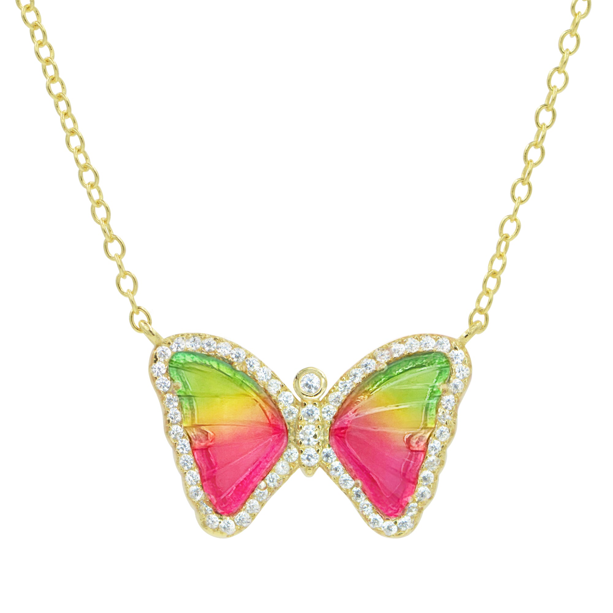 mini gemstone butterfly necklace in watermelon tourmaline
