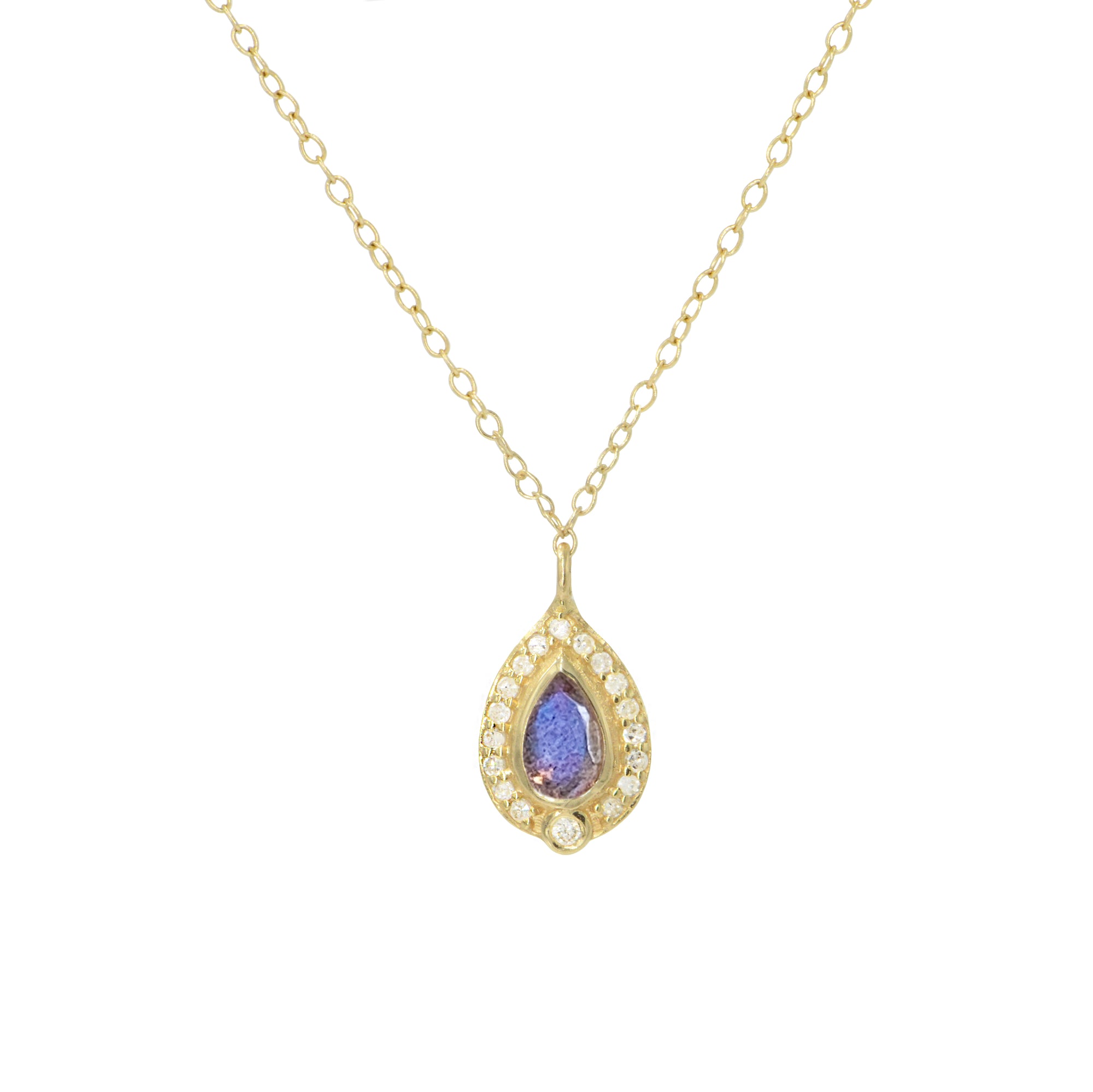 mini labradorite pear necklace with diamonds