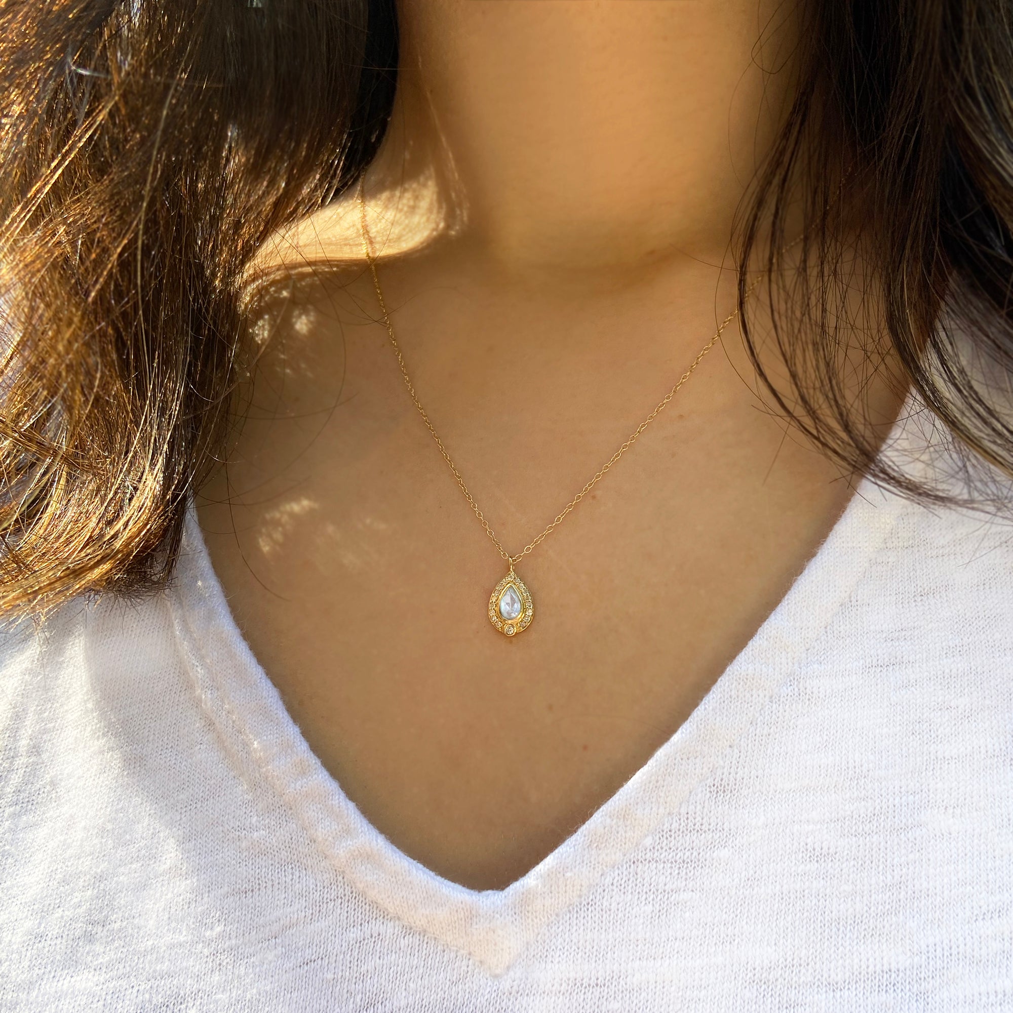 mini moonstone pear necklace with diamonds in gold