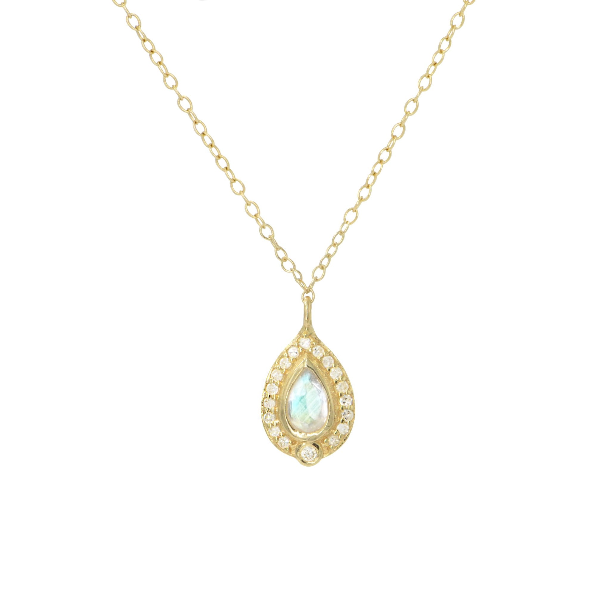 mini moonstone pear necklace with diamonds in gold