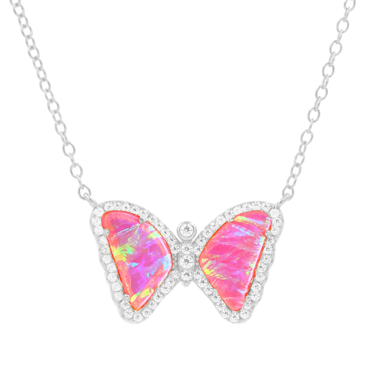 mini opal butterfly necklace in hot pink silver