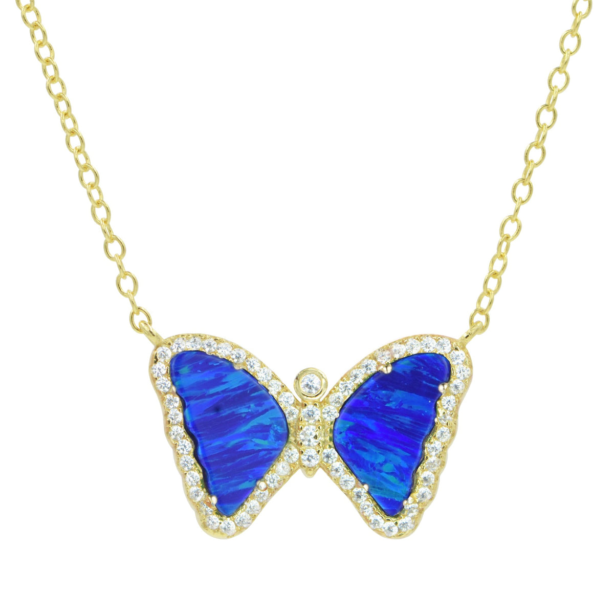mini opal butterfly necklace indigo blue gold