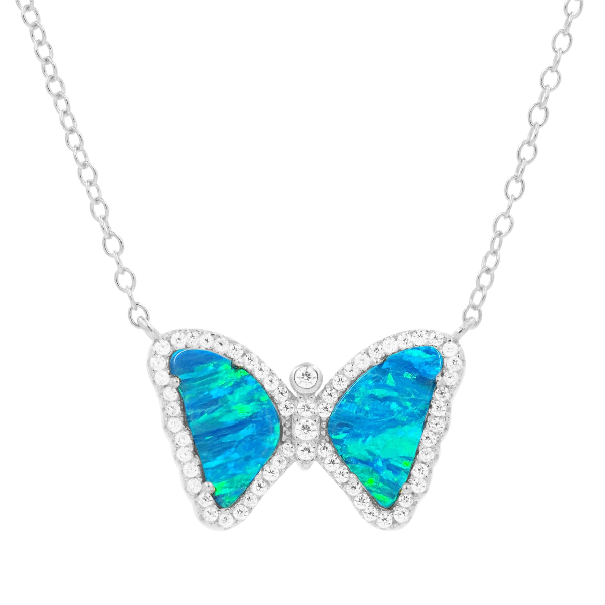 Mini opal butterfly necklace in blue green silver