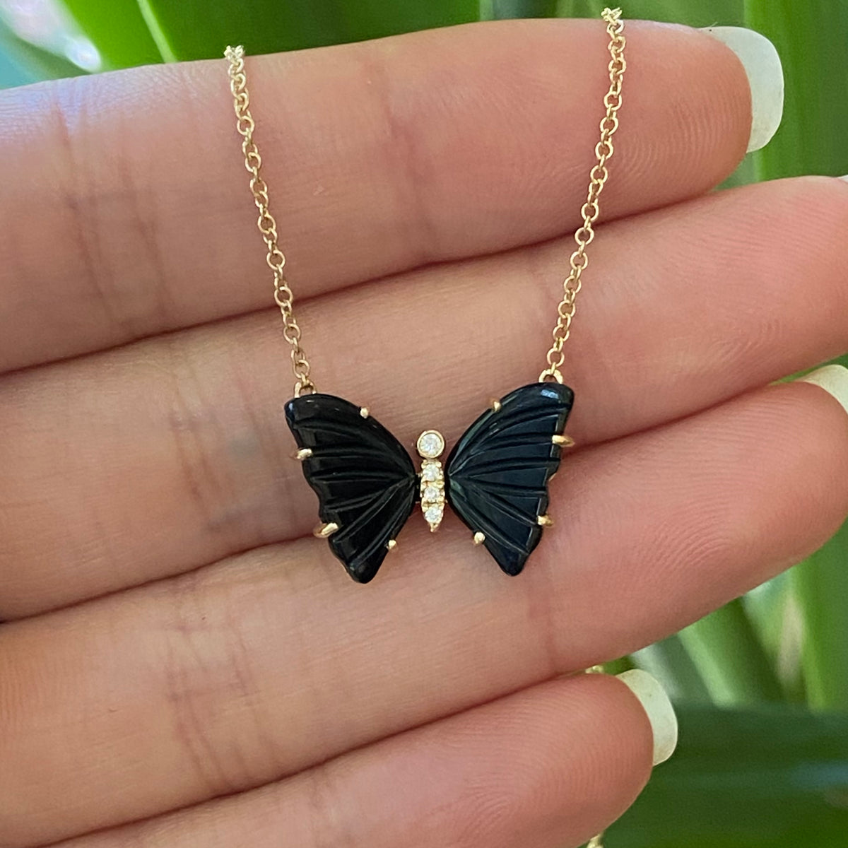 mini pronged butterfly necklace in black onyx