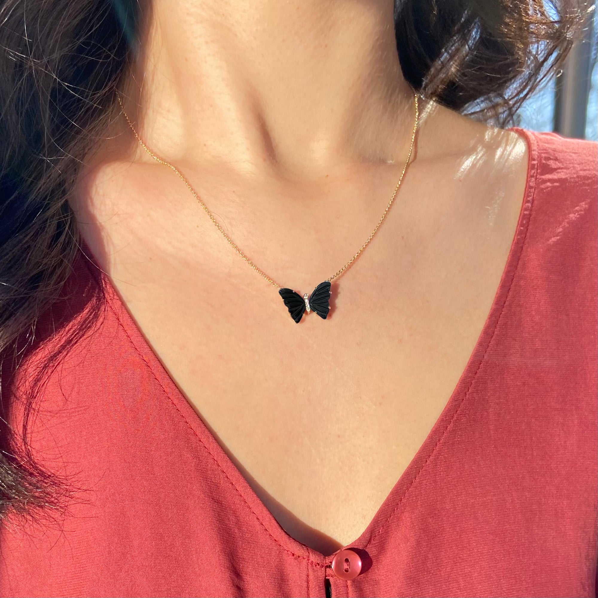 mini pronged butterfly necklace in black onyx
