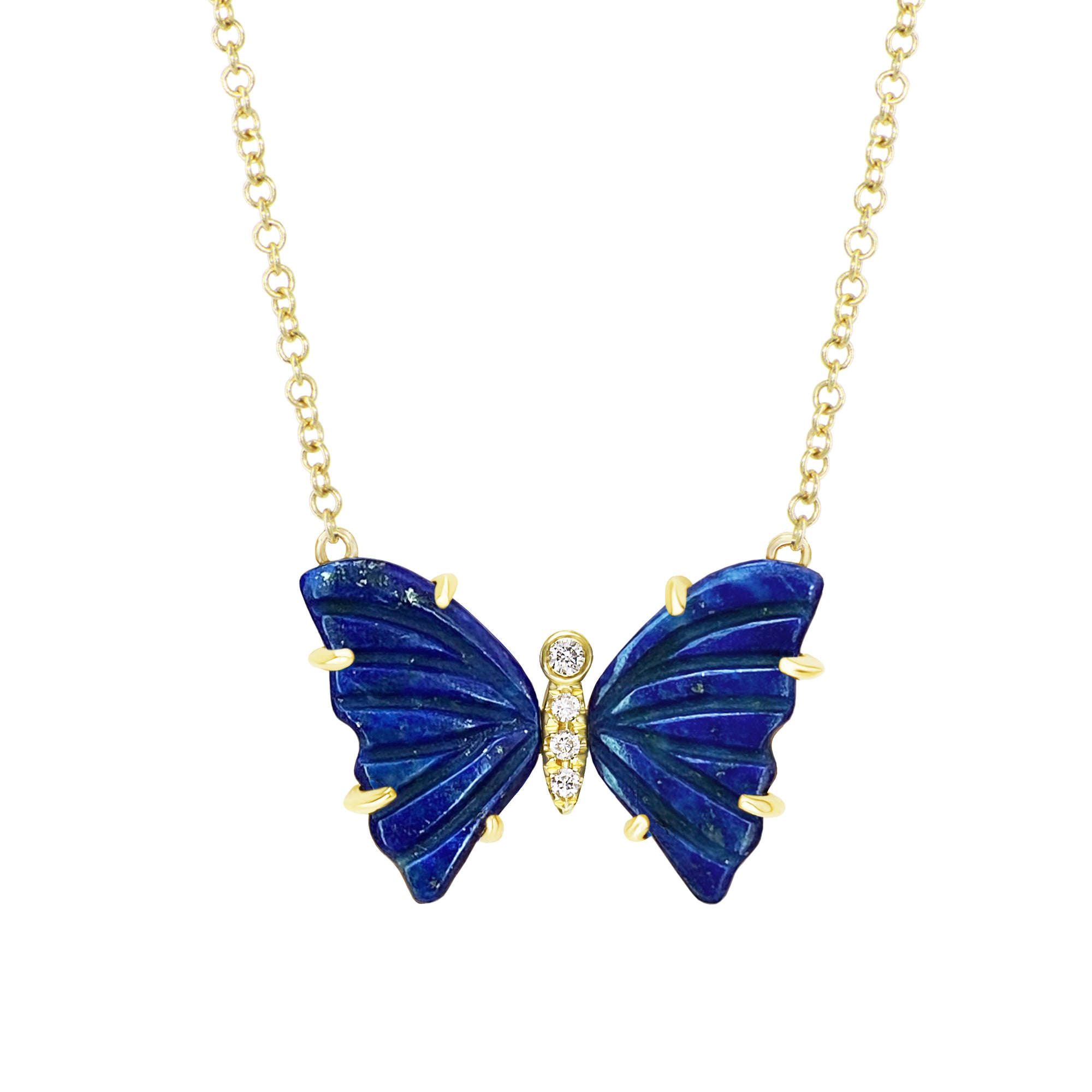 mini pronged butterfly necklace in carved blue lapis