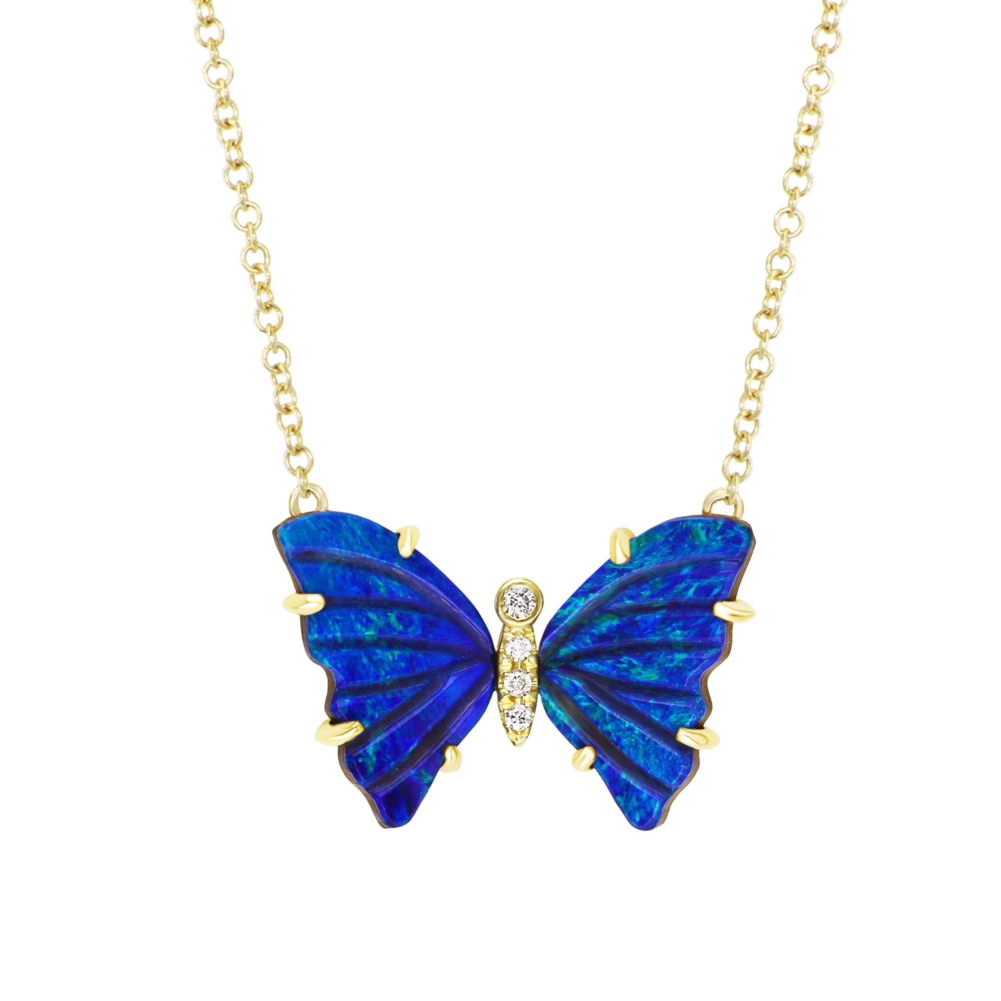 mini pronged butterfly necklace with carved boulder opal