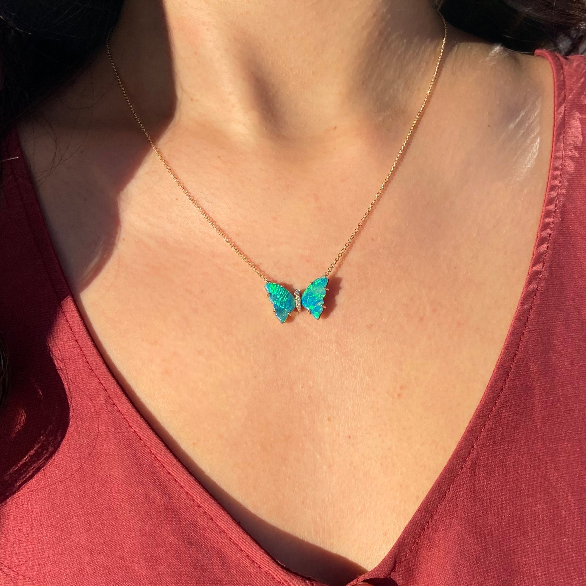 Opal Butterfly Necklace with Diamonds and Prongs