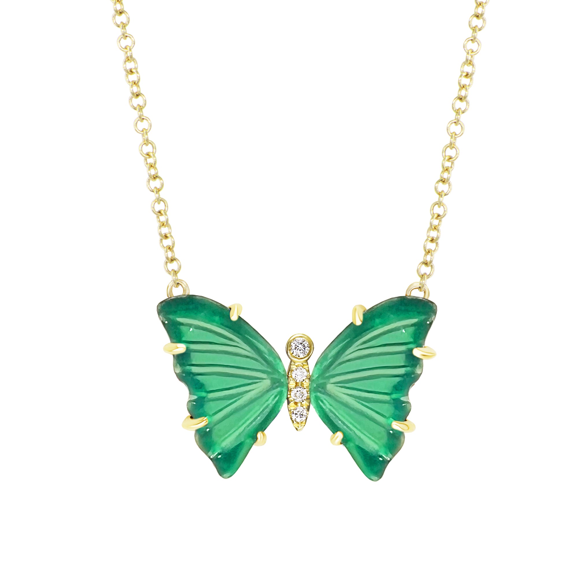 Green Chrysoprase Butterfly Necklace with Diamonds and Prongs